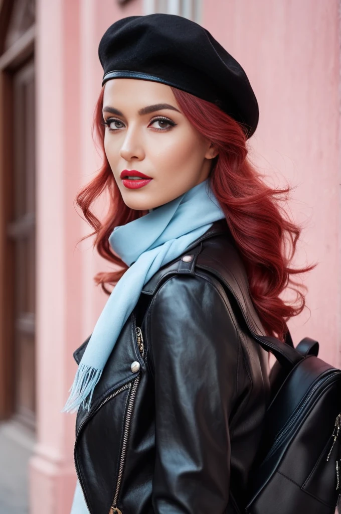 A close-up portrait of a gorgeous, beautiful, stunning russian woman wearing a trendy outfit: a black leather jacket, a white shirt, a black beret, and a light blue scarf, she carries a black leather backpack too. A redhead woman from Russia, delicate red lips, pastel pink skin tone, soft flawless pale skin, soft make-up, scarlet red lipstick. Classy, elegant, stylish redhead woman, a majestic lady, dream beauty, ethereal beauty, delicate, sensitive, tender, lovely, romantic, kind, so femenine and strong, brave, pushing, spirited, lively, brisk determined woman. Elegant look, flowing and glowing layered wavy ginger hair .She's making a photo book, fall-winter season, she's turning back to look at the camera, professional photograph, editorial photograph, modeling photograph, portrait photo of a russian model.