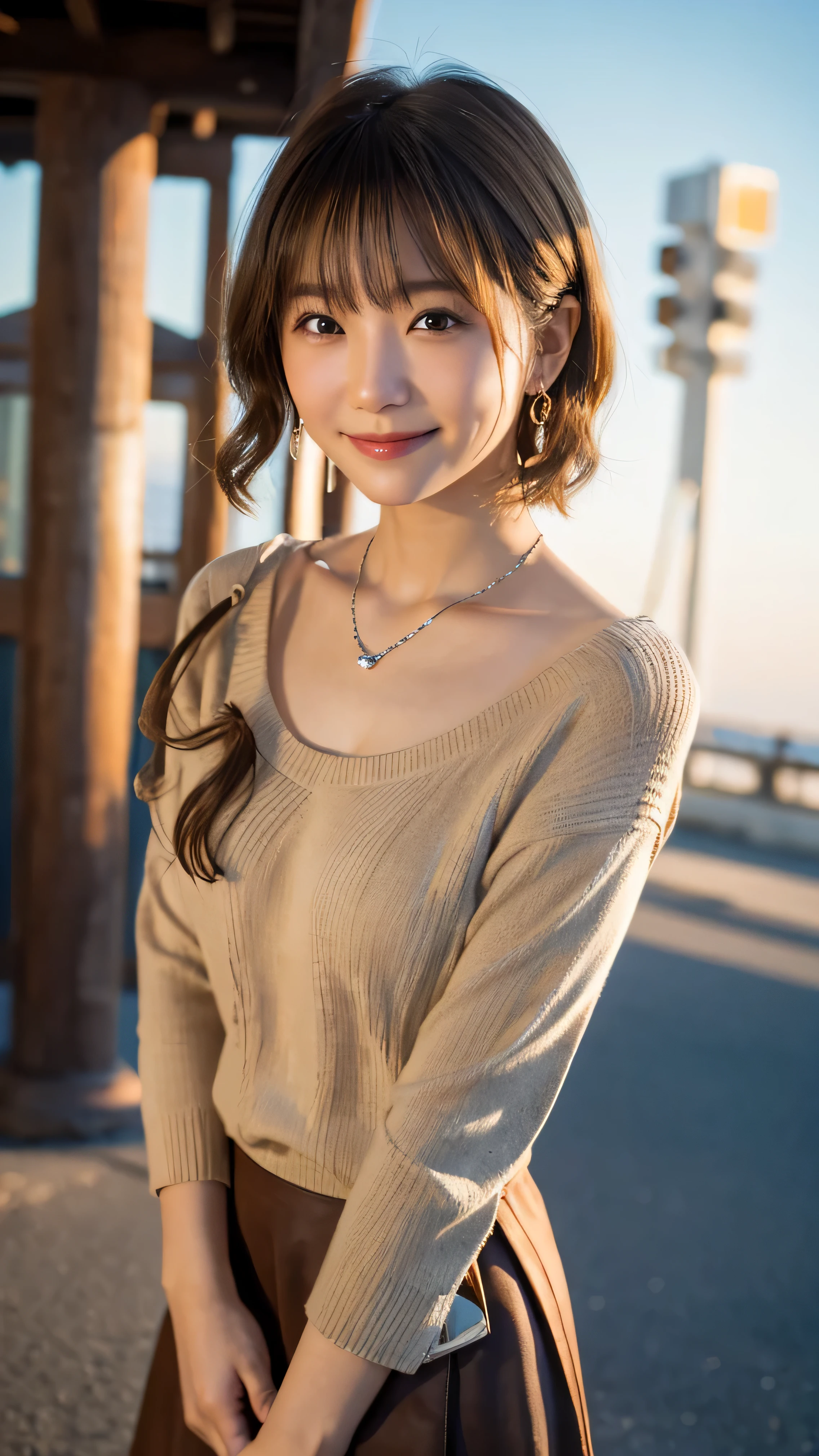 (highest quality,masterpiece:1.3,ultra high resolution),(Super detailed,caustics,8K),(realistic:1.4,RAW shooting),18-year-old,cute,Japanese,Short brown hair with outward curls,(Beige summer knitwear),(smile),look up at the camera、(Short brown skirt),blue sky,sun,Backlight,(coastline),(sunset、sunset:1.1),,(Photographed from the waist up),(face focus),(close up face),(High Situation:1.3),(high angle:1.3),Natural light 、Embarrassed smile、parted bangs、big breasts、With small earrings、silver necklace、((big breasts))、Embarrassed smile、((Camera angle is diagonal:1.2))、Today I came to the port town.、Head tilt gesture