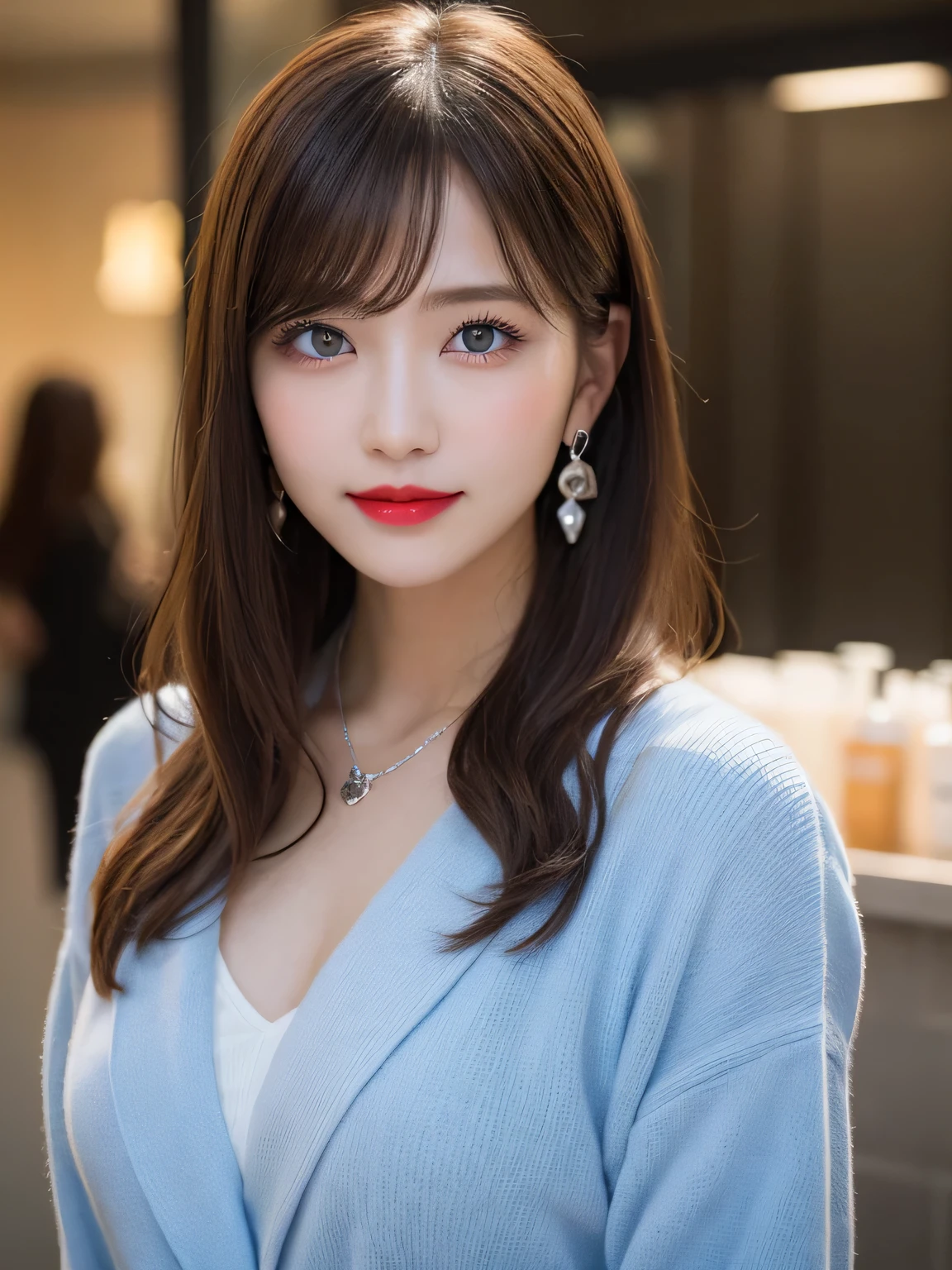 Urban beautiful girl college student, masterpiece, light makeup, red lips, silver hair, messy long hair, street background, beautiful, elegant. super fine details, master works, authentic texture, cinematic lighting realism, perfect job, 16k, hd, exquisite features,blue eyes、japanese idol、Beautiful face、cute smile、brown hair、beautiful hair、stylish hairstyle,glamorous、 big breasts、erect nipples、Greasy muscles、shiny skin、sunburned skin、Glowing dark skin、Wear a bathrobe in the bathroom, bright big eyes, smooth skin, earrings, necklace, tattoo