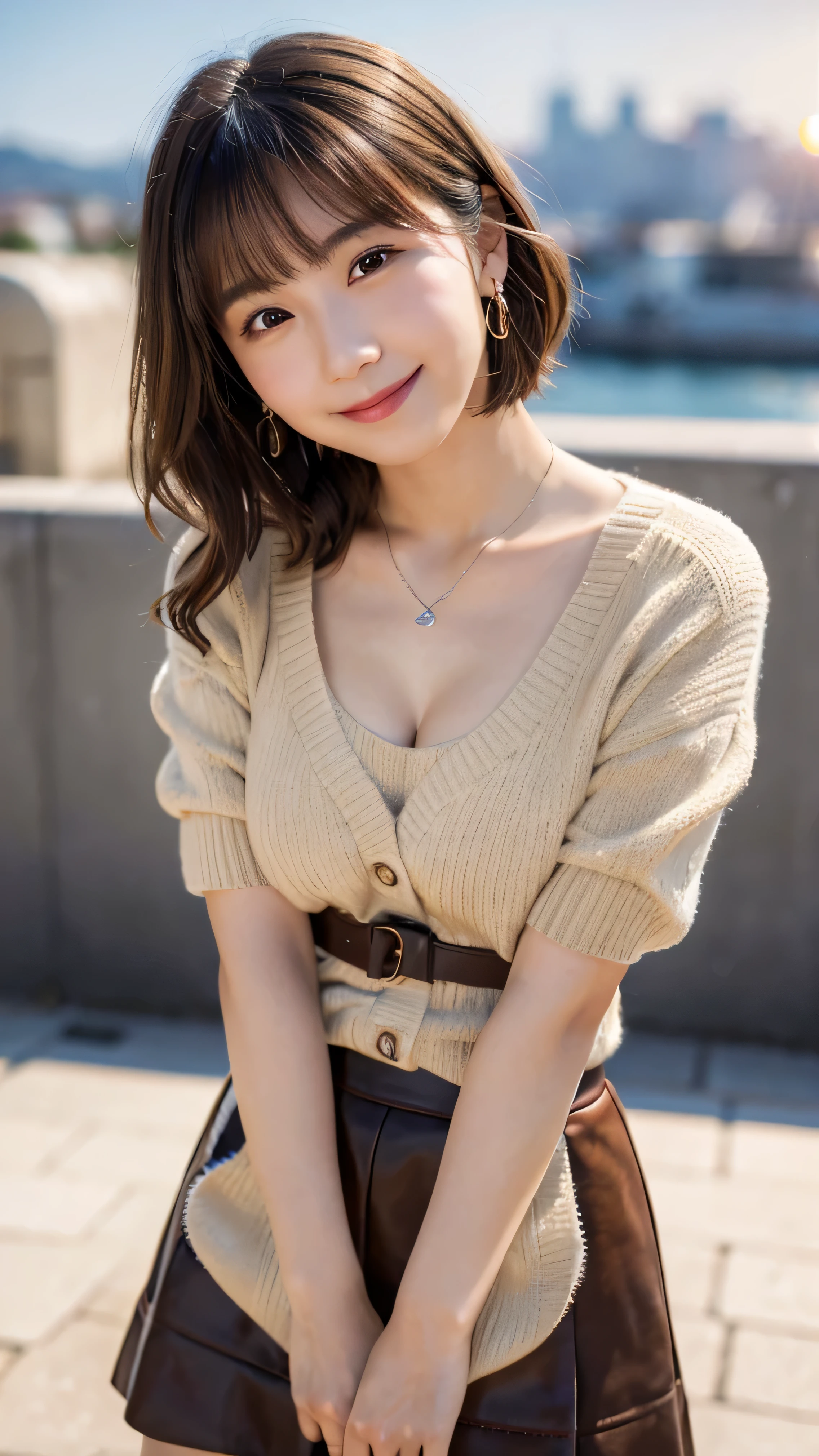 (highest quality,masterpiece:1.3,ultra high resolution),(Super detailed,caustics,8K),(realistic:1.4,RAW shooting),18-year-old,cute,Japanese,Short brown hair with outward curls,(Beige summer knitwear),(smile),look up at the camera、(Short brown skirt),blue sky,sun,Backlight,(coastline),(sunset、sunset:1.1),,(Photographed from the waist up),(face focus),(close up face),(High Situation:1.3),(high angle:1.3),Natural light 、Embarrassed smile、parted bangs、big breasts、With small earrings、silver necklace、((big breasts))、Embarrassed smile、((Camera angle is diagonal:1.2))、Today I came to the port town.、Head tilt gesture