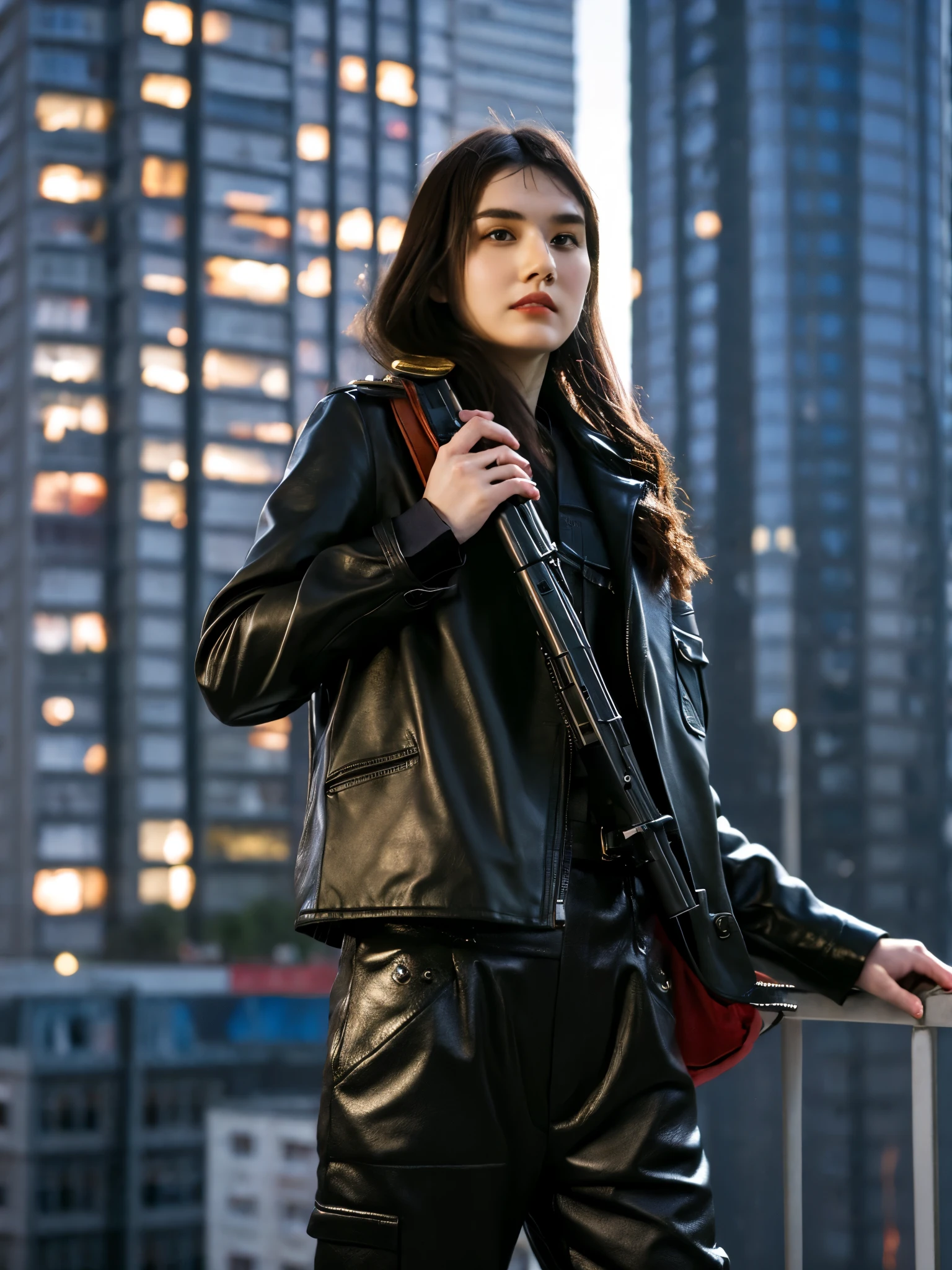 an asian beautiful girl, wearing a black leather jacket, army blue trousers, long hair, holding a long red laser rifle, standing on the top of a building stalking her enemy,inspired by Adam Dario Keel, maxim sukharev, attractive and beautiful, Inspired by Ludovit Fula, full body photo shot, maxim shirkov, full body photo shot - full , azimov, Sebastian Luca, profile photo, beautiful woman, attractive beautiful face, Photo of beautiful young girl, beautiful girl face