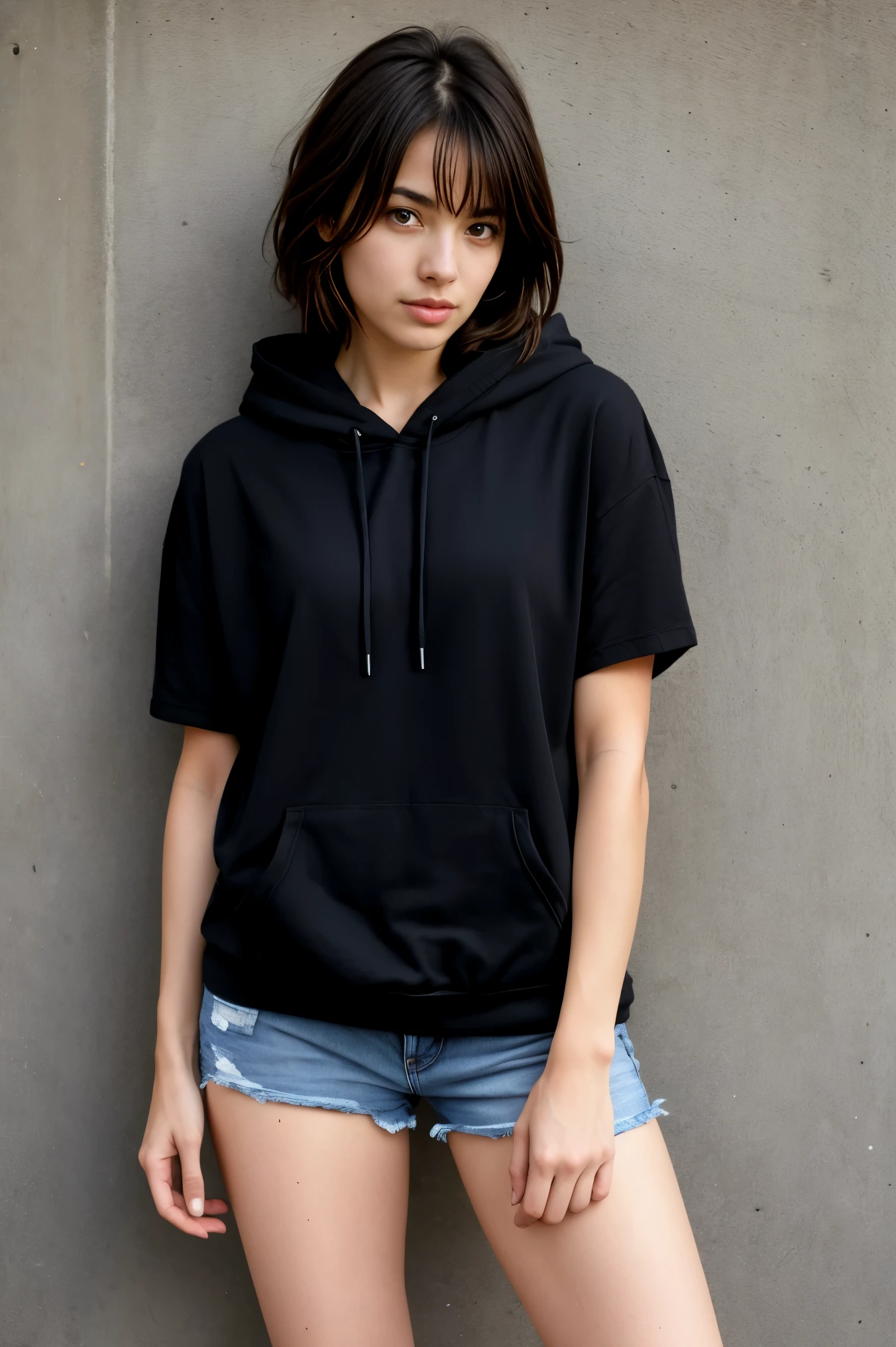 une femme sexy et mince de 18 ans , black short-sleeved hoodie et short en jean , Realistic