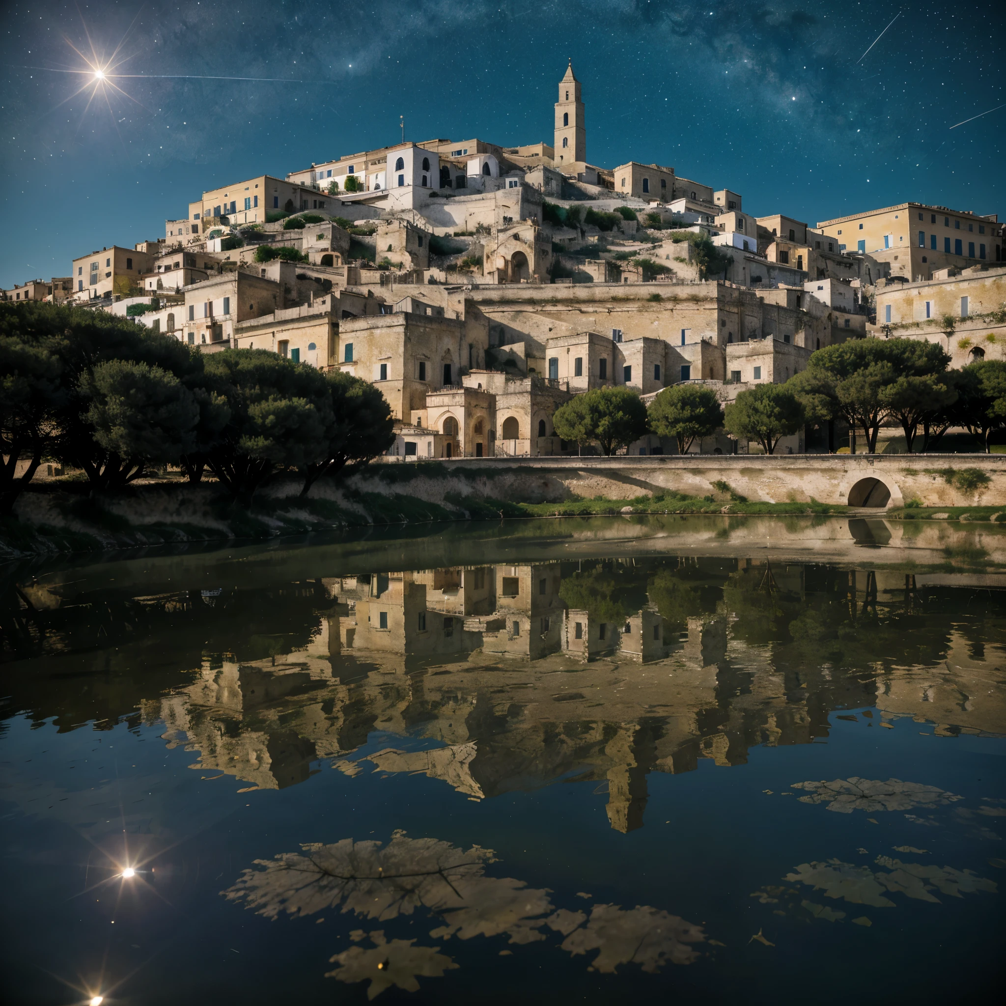 a giant eye emerges from the waters of a lake in town of Matera, (sassi_di_matera). reflection in the water is a real sight. The eye emerges from the waters during a starry night, high quality, realistic lighting, center of the picture, (a giant eye is reflected on the water), clear and quiet water surface, starry sky, sassi_di_matera in background, (the eye is perfectly reflected on the water), (perfect reflections)