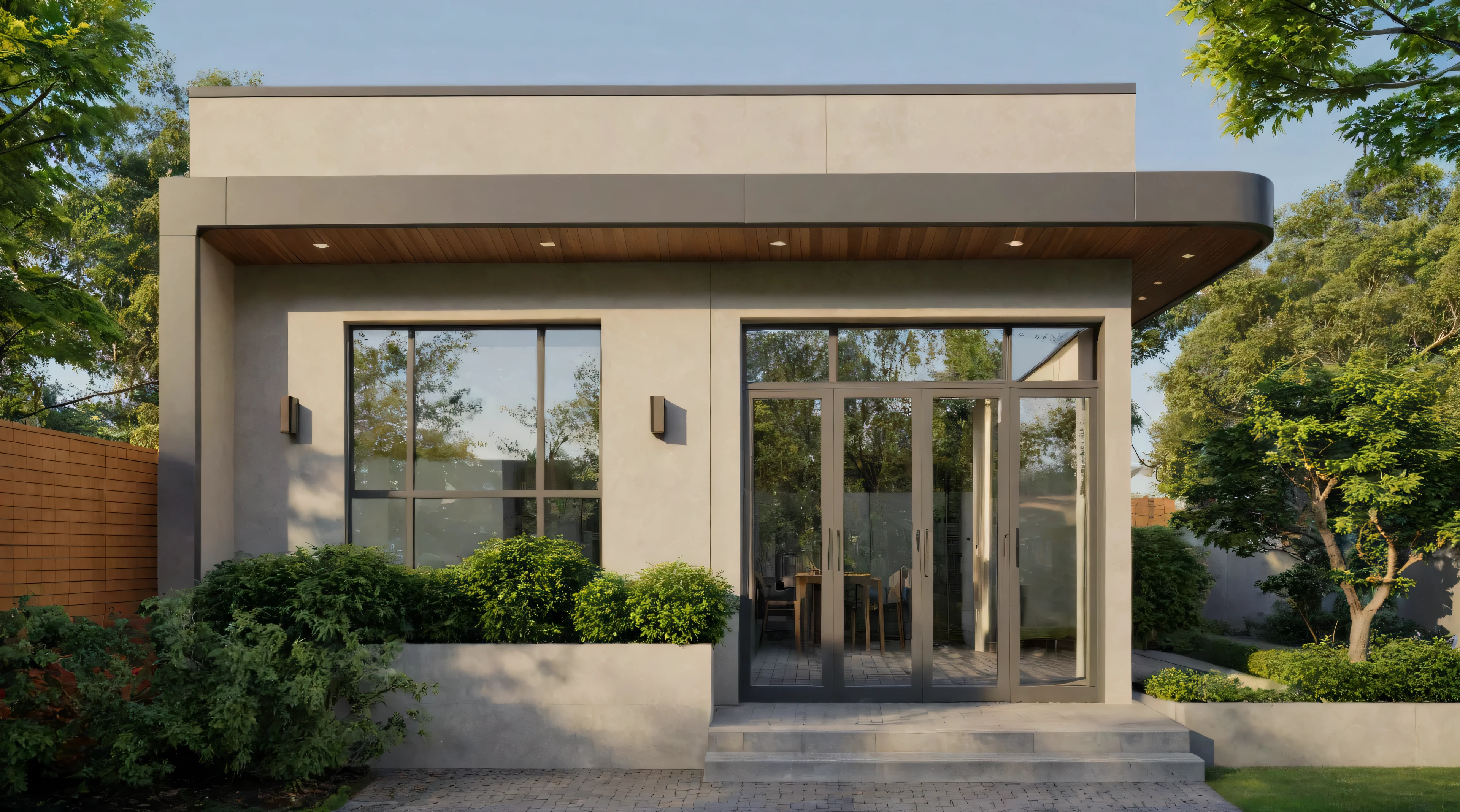 a view of a modern home with a large front yard, main material by white wall and stone and wood, 1 road runs in front of the house, (RAW photo, real, best quality, masterpiece:1.2), look morden minimalist, 1 road in front of the house, shime ring light, light brighteness from indoor:1.2, dynamic lighting:1.3, (hyper realistic, photo-realistic:1.2), high quality, day lighht, hight contrast :0.5 perfect lighting, archdaily, award winning contemporary, contemporary masterpiece, well-designed masterpiece, large modern residence, neotraditional modern, wide angle exterior 2022, midcentury modern, contemporary house, hip modern vibe, a long-shot from front, award winning modern design, stunning lines, residential, subtle detailing, light indoor:1.3