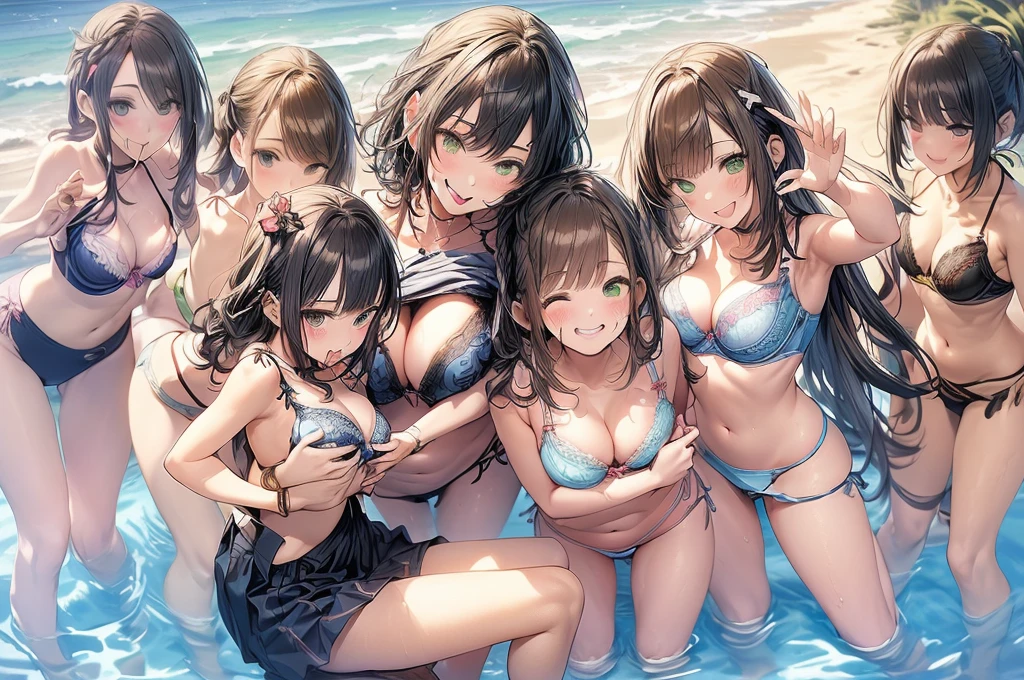 ((masterpiece, highest quality, High resolution, 超High resolution, pixel perfect, Depth of written boundary, 4k, RTX, human development report))), , beauty、see the whole body、(masterpiece: 1.2, highest quality, masterpiece, Clearer images), (Bright colors), ((Take clear photos even from a distance)), (multiple girls), (Harem), (School classmates), (((All school uniforms have the same design))), (((Everyone is wearing the same navy blue skirt))), ((16 years old)), ((婦)), (宿, on the bed), (cute Japanese((6 girls))), (((infant'face))), ((group shot)), (group selfie), ((ass visible through thighs))、wide angle, soft light, ((((laugh with your mouth wide open)))), (slightly larger breasts), (()), (lure), ((viewers love it)), (((A lot of hearts are flying))), Landscape、(((show :1.6)))、((breast grab:1.3)),((( lift:1.2)))、 ((green eyes, beautiful eyelashes, realistic eyes)), ((detailed face, blush:1.2)), ((smooth texture:0.75, lively质感:0.65, lively:1.1, Anime CG style)), medium breasts, perfect body, beautiful waist、beautiful legs、thin、smile, attractive way to sit, Aerith Gainsbourg, hair ribbon, bracelet,    brown hair, side lock, parted bangs, green eyes, Braid, (((swimsuit、bikini、2012年に流行したswimsuitのデザイン)))、((((M :1.1)))、((breast grab:1.3)),((( lift:1.2)))、one eye closed、stick out one's crotch