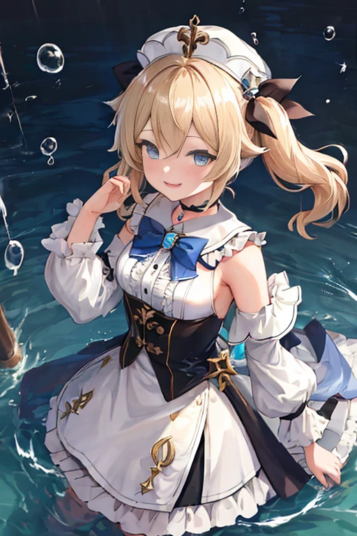 barbara,genshin impact,blonde short hair,twintails,wavy hair,white dress,ribbon,tube top,frills,blue eyes,small breasts,cocktail hat,frill choker,chest riboon,long sleeves,smile, watercolor medium, Close-up of girl, warm, extremely detailed, highres, the best quality,(dynamic angle, dynamic pose:1.2),floating water drops, 