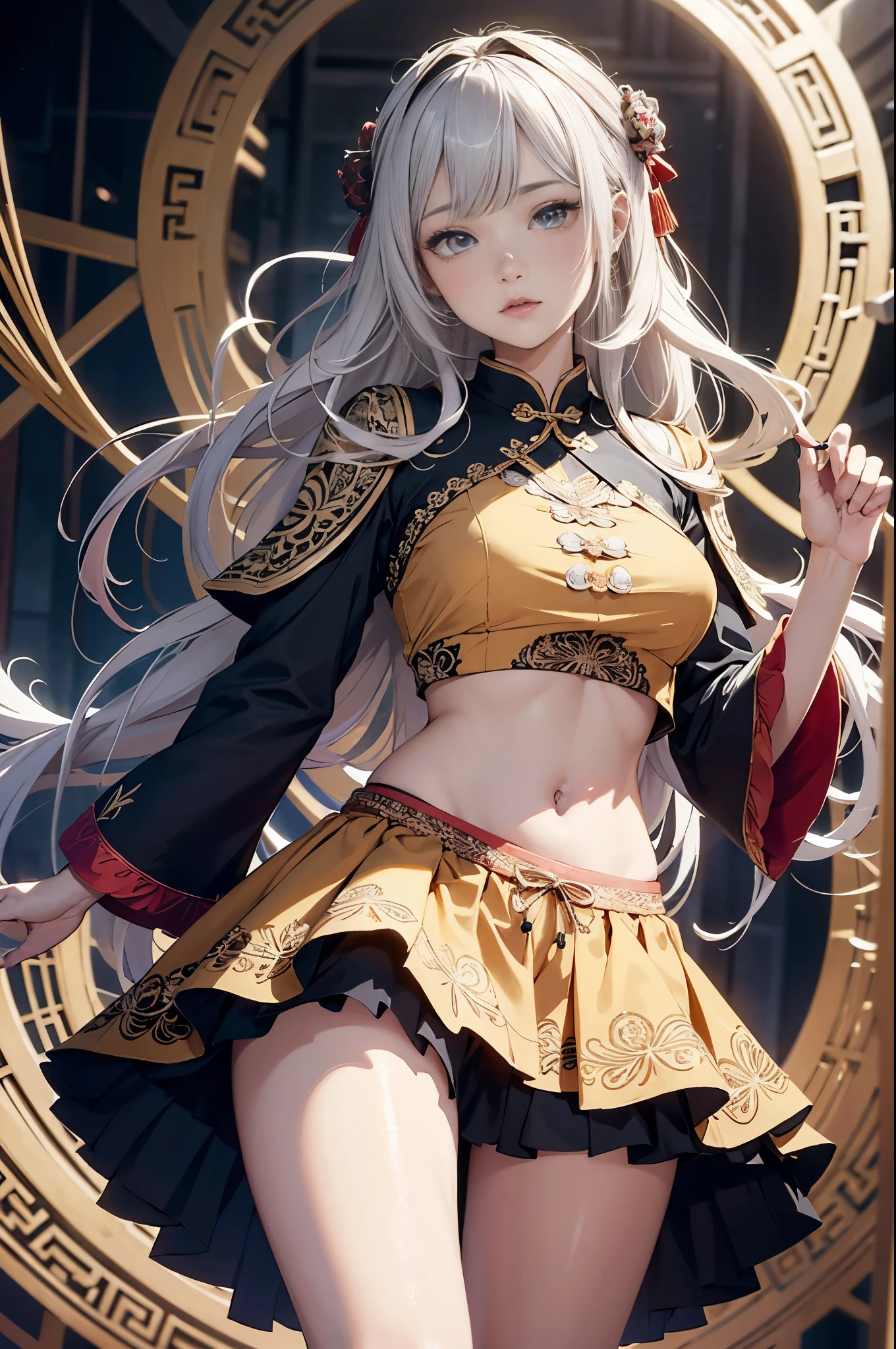 center, ((looking at camera: 1.5)), (near perfect: 1.4), dynamic, highly detailed, digital painting, concept art, smooth, sharp focus, illustration, art by Kahn Griffiths and Vadim Cassin. ((Chinese costume short skirt bellyband)), bold colors, abstract forms, expressiveness, emotion, official art, unified 8k wallpaper, ultra-detailed, beautiful and aesthetic, masterpiece, best quality, (mandala, tangled , entangled), (fractal art: 1.3), 1girl, very detailed, (ruffled skirt), (medium bust: 1.3)