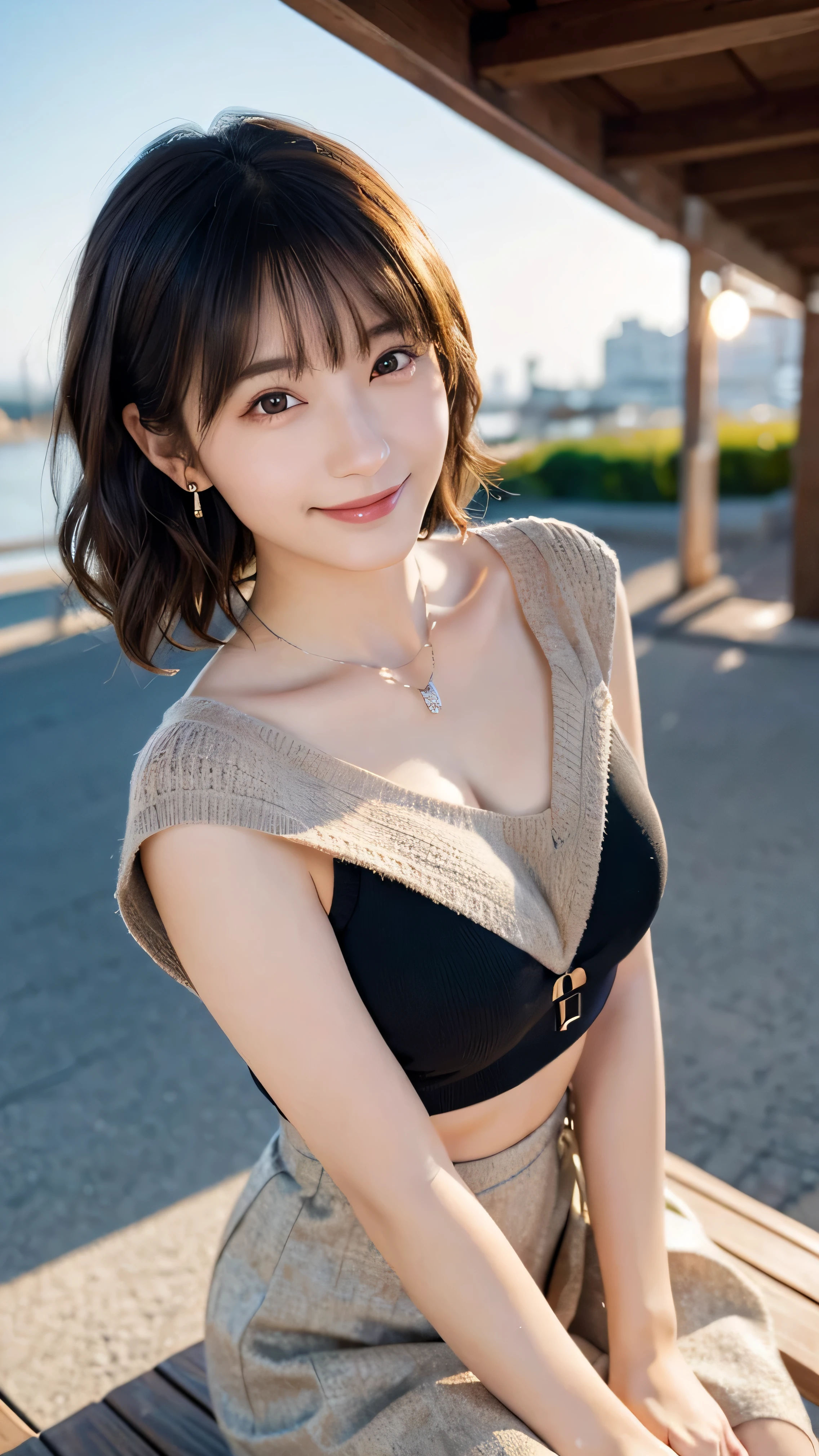 (highest quality,masterpiece:1.3,ultra high resolution),(Super detailed,caustics,8K),(realistic:1.4,RAW shooting),18-year-old,cute,Japanese,Short brown hair with outward curls,(Beige summer knitwear),(smile),look up at the camera、(Short brown skirt),blue sky,sun,Backlight,(coastline),(sunset、sunset:1.1),,(Photographed from the waist up),(face focus),(close up face),(High Situation:1.3),(high angle:1.3),Natural light 、Embarrassed smile、parted bangs、big breasts、With small earrings、silver necklace、((G cup、big breasts))、Embarrassed smile、((Camera angle is diagonal:1.2))、Today I came to the port town.、Head tilt gesture