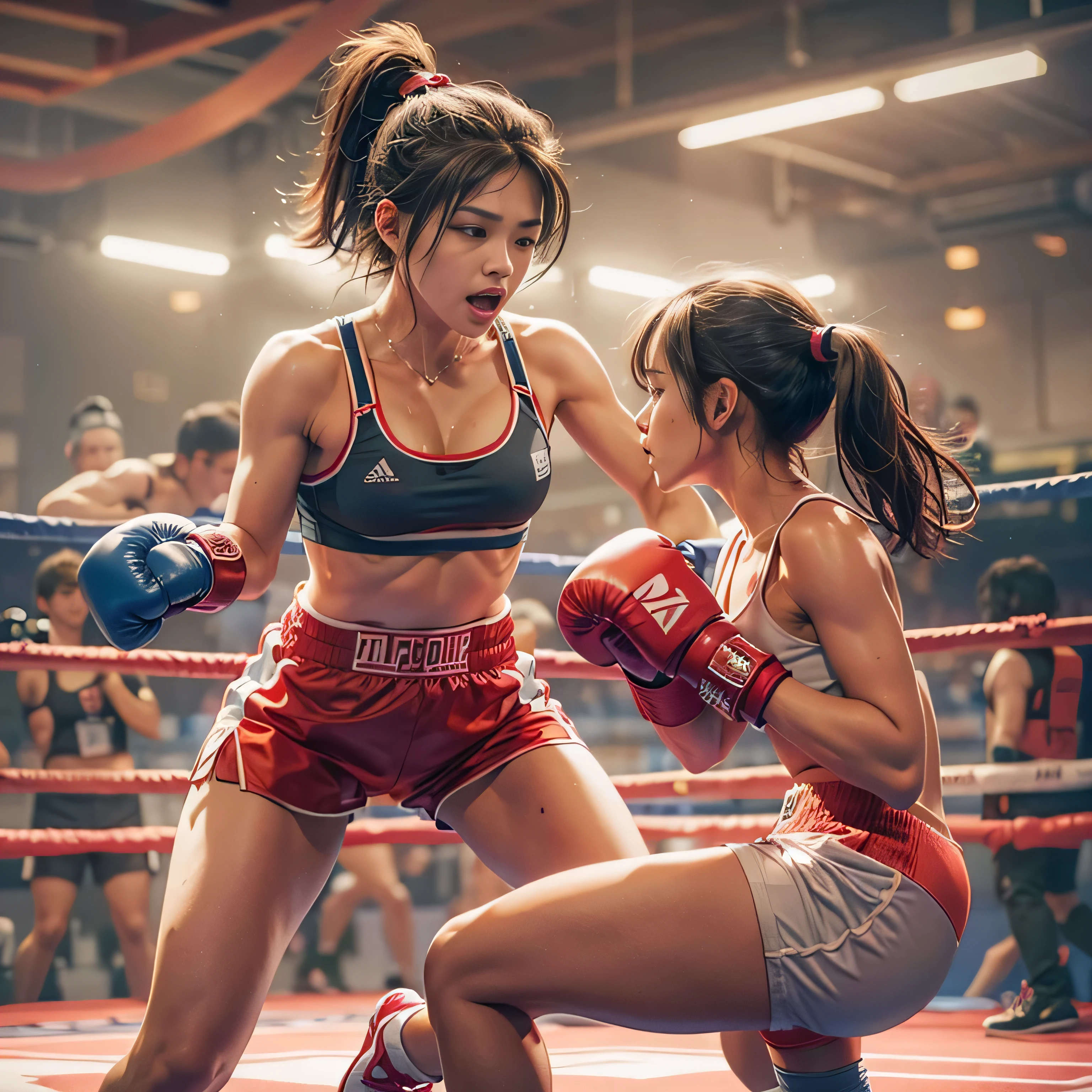 RAW image quality, 8K resolution, Ultra-detailed CG quality, (High resolution, highest quality, table top:1.4), 2 girls, (16 year old female :1.3), sparkling skin, narrow waist, Large chest teeth above the skin, (A woman wearing a sports bra and boxing shorts:1.3), boxing gloves, boxing match, (A powerful punch cuts the face)、fist fight、short shorts, sweat a lot, (in the boxing ring:1.2), (Her panties are visible under her shorts:1.2), tight clothes, pubic hair, angry look, blush, Large audience background, biologically correct,