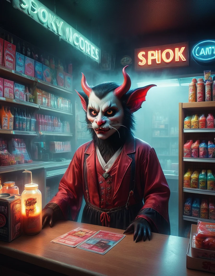 (1Cute Devil Clerk), (Spooky midnight convenience store:1.6), Arrange the goods, Thick fog pervades, Neon lights, Detailed convenience store interior, Mood lighting, Gloomy tones, dramatic shadows, Demon traits, Long claws, fangs, glowing eyes, shabby clothes, Stand behind the counter, dark fantasy, fear, (master level:1.2), Super details, Realistic, (Photorealism:1.3), first-person view, UHD, masterpiece, ccurate, anatomically correct, super detail, best quality, 8k