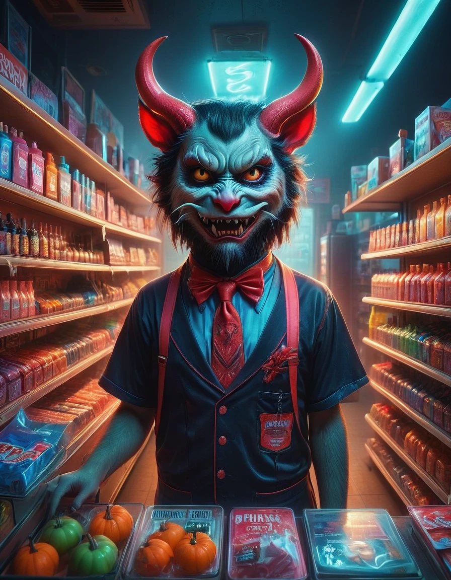 (1Cute Devil Clerk), (Spooky midnight convenience store:1.6), Arrange the goods, Thick fog pervades, Neon lights, Detailed convenience store interior, Mood lighting, Gloomy tones, dramatic shadows, Demon traits, Long claws, fangs, glowing eyes, shabby clothes, Stand behind the counter, dark fantasy, fear, (master level:1.2), Super details, Realistic, (Photorealism:1.3), first-person view, UHD, masterpiece, ccurate, anatomically correct, super detail, best quality, 8k