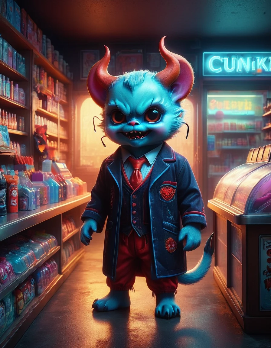(1Cute Devil Clerk), (Spooky midnight convenience store:1.6), Arrange the goods, Thick fog pervades, Neon lights, Detailed convenience store interior, Mood lighting, Gloomy tones, dramatic shadows, Demon traits, Long claws, fangs, glowing eyes, shabby clothes, Stand behind the counter, dark fantasy, fear, (master level:1.2), Super details, Realistic, (Photorealism:1.3), first-person view, UHD, masterpiece, ccurate, anatomically correct, super detail, best quality, 8k