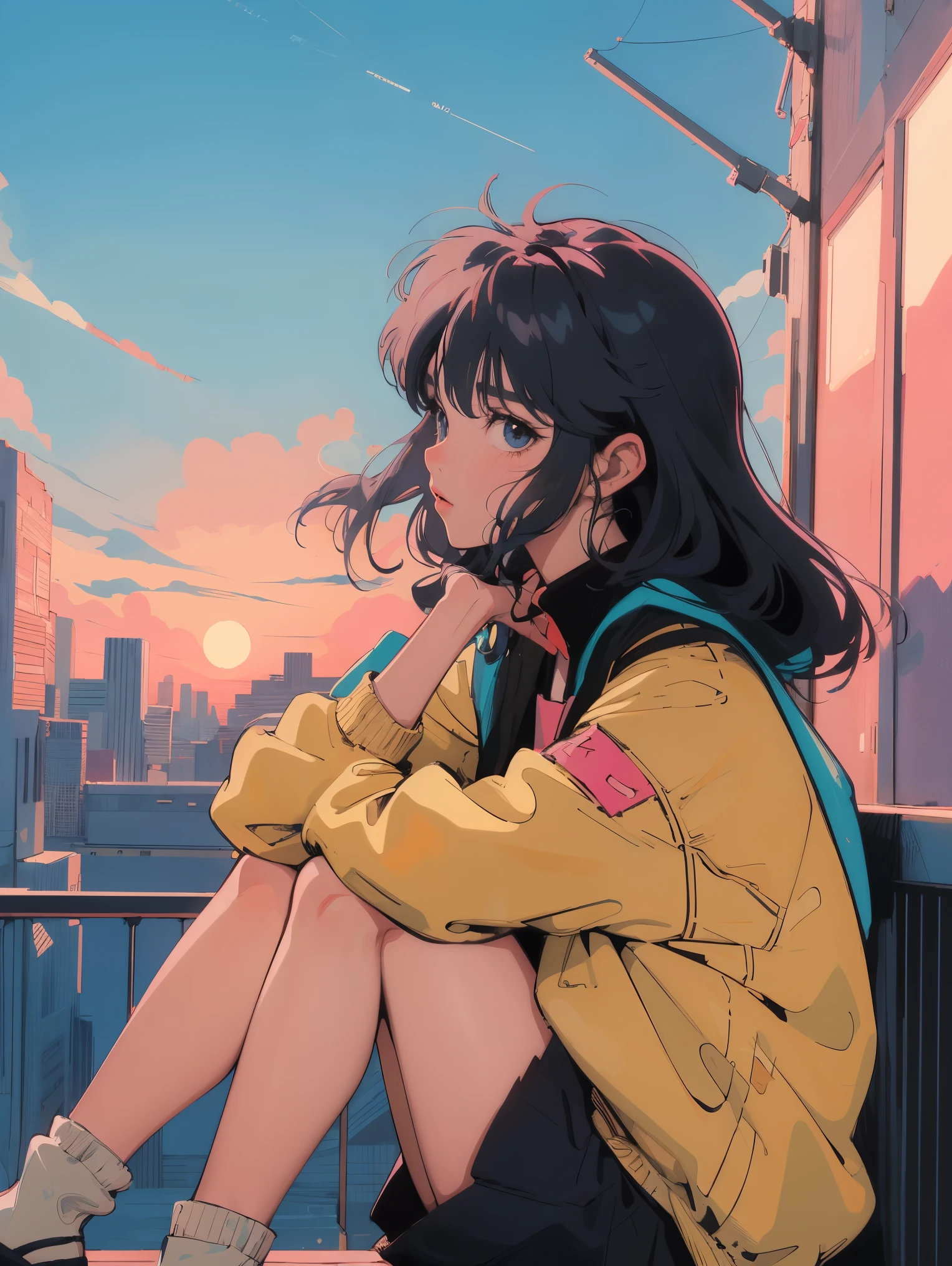 anime girl sitting on floor looking out window at city, anime aesthetic, anime vibes, Lofiatostyle, lofi portrait at a window, Watching the sunset. anime, Lofty Girl, anime art wallpaper 4 k, anime art wallpaper 4k, anime art wallpaper 8 k, anime background art, Lofi Color, Lofiato, anime asthetic