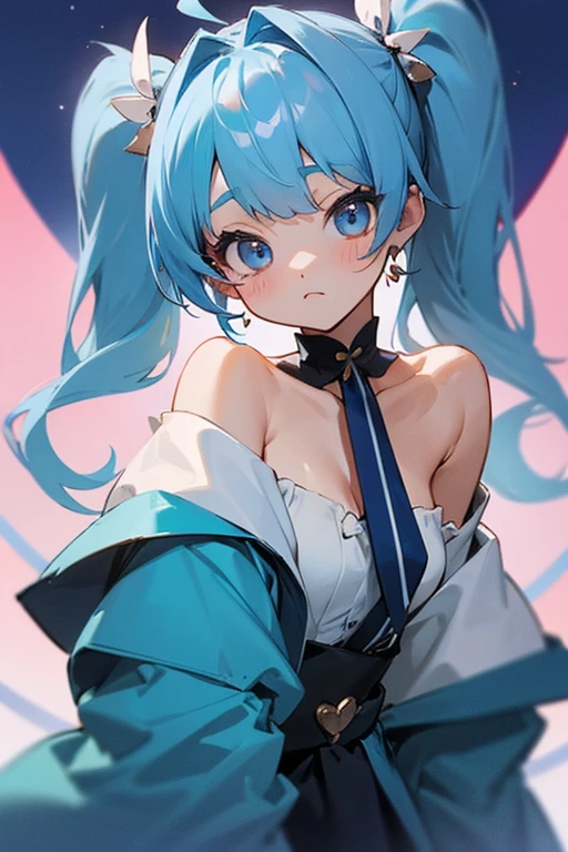 twin tails、cute、3×3、blue hair、off shoulder、