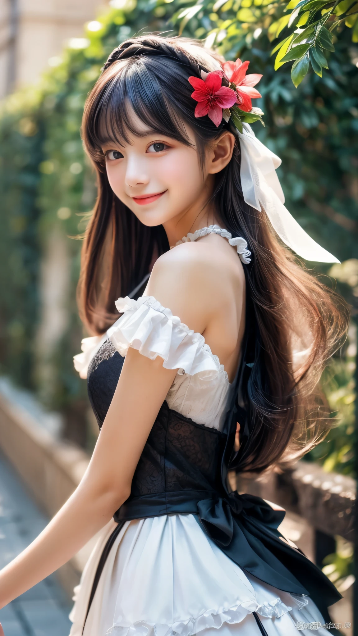 whole bodyショット , dancing ,(Highest quality get used to it:1.2), realistic, 8k eh, High resolution, fujifilm(medium format), hasselblad, carl zeiss, Incredible dynamic range photography(utility_art:Smooth-768:1.1), (1 girl:1.2), Super get used to it, High quality texture, intricate details, get used to it, Very get used to it CG, high quality shadows, get used to it beautiful and delicate face, Beautiful details and delicate eyes, Depth of written boundary, ray tracing, , cute japanese girl, narrow side, glossy lips, glow eyes, perfect body, look at the audience, (jewelry/accessories), (Eye color is brown), (red flower hair ornament), (white long hair), (layered hairstyles), (Black Gothic Lolita), White flowers bloom all over the wall,smile, Don't forget to add details to your outfit, whole body,whole bodyショット,Cover your face with your hands ,marble,blue sky, dancing ,kiss,peekaboo,smile