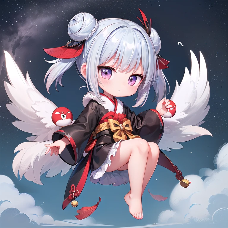 ((Chibi, miniature, 3dcg, 1 girl: 1.3)), (masterpiece, almond shaped eyes, shiny white-blue hair, short bun hair, highest quality, Carefully drawn fingertips and toes, warm clothes, smooth and beautiful skin: 1.3), (red cheeks, Fluffy clothes, indifference, No expression,full body,: 1.2), (In Chibi Tengu's daily life, He is enjoying the view as he flies through the sky on his tiny wings.. One of them soars high into the sky、Flying through the clouds. The other Chibi Tengu are having fun creating tornadoes in the wind. The vastness of the sky々Add color to your life.:1.2),(chibi tengu feathers,night:1.3)