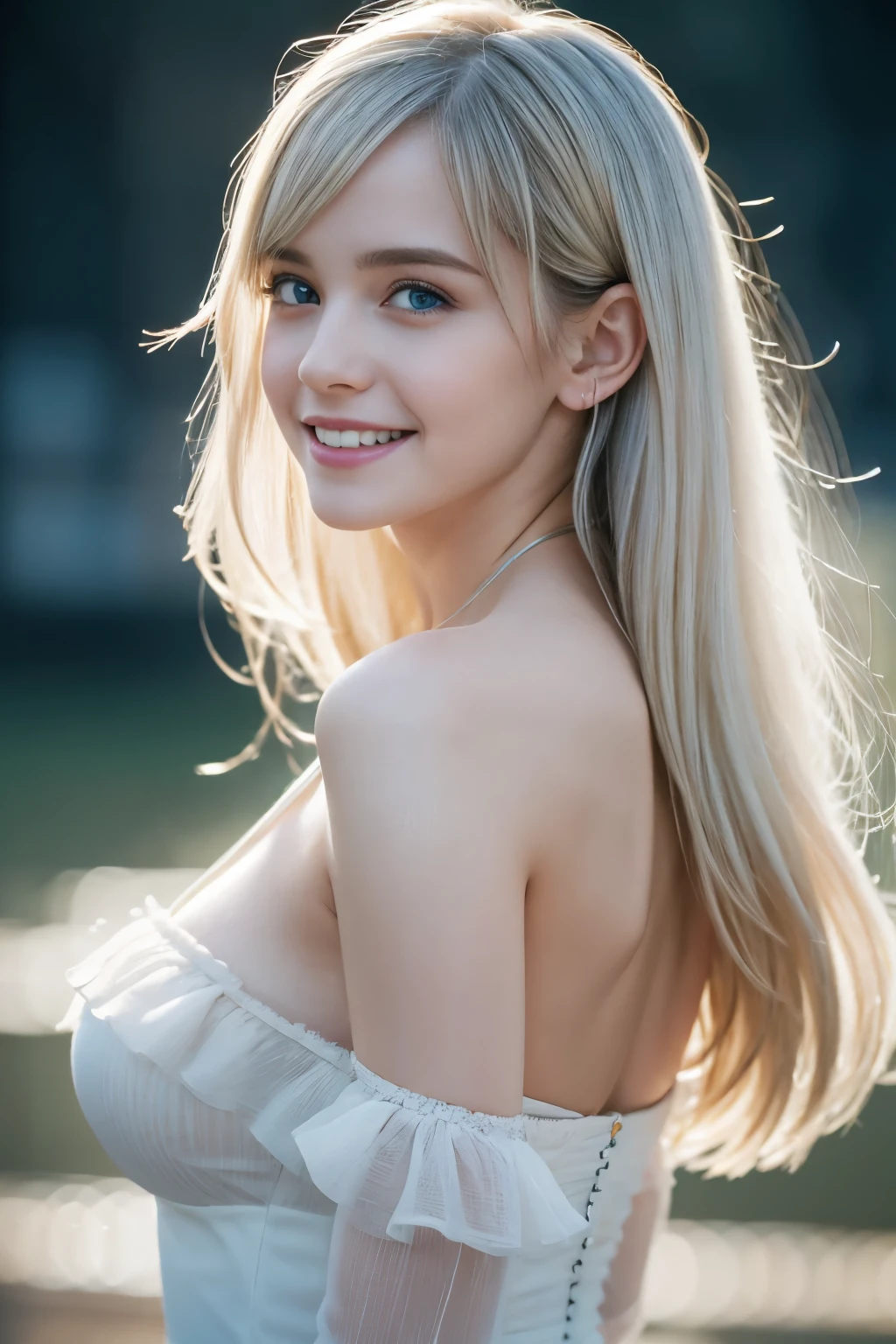 Masterpiece, Best quality, 8k, 18 years old, Raw photo, absurd, Award-winning portrait, smile, smile, pure, German, golden ((ombre)) dress, huge breast, white hair, blue eyes, offshoulder