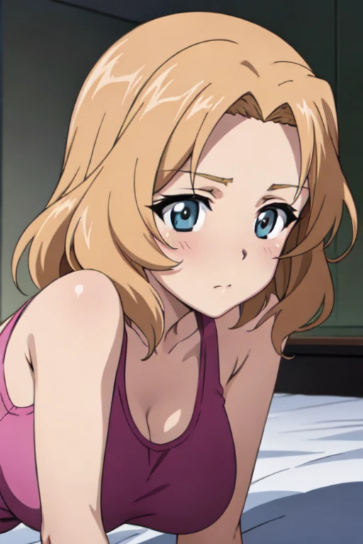 (anime cels style, masterpiece, best quality, high resolution, megami magazine, anime poster style, sharp, 8k), (beautiful eyes:1.2), kay_(girls_und_panzer), 1girl, blond hair, medium hair, blue eyes, blush, (natural large breast), (lose tanktop), (doggystyle:1.5), (all fours, front viewer), bed, (perfect detailed anatomy, beautiful face, perfect body, perfect arms, shiny skin),