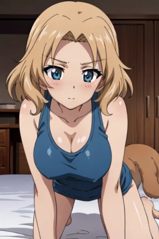 (anime cels style, masterpiece, best quality, high resolution, megami magazine, anime poster style, sharp, 8k), (beautiful eyes:1.2), kay_(girls_und_panzer), 1girl, blond hair, medium hair, blue eyes, blush, (natural large breast), (lose tanktop), (doggystyle:1.5), (all fours, front viewer), bed, (perfect detailed anatomy, beautiful face, perfect body, perfect arms, shiny skin),