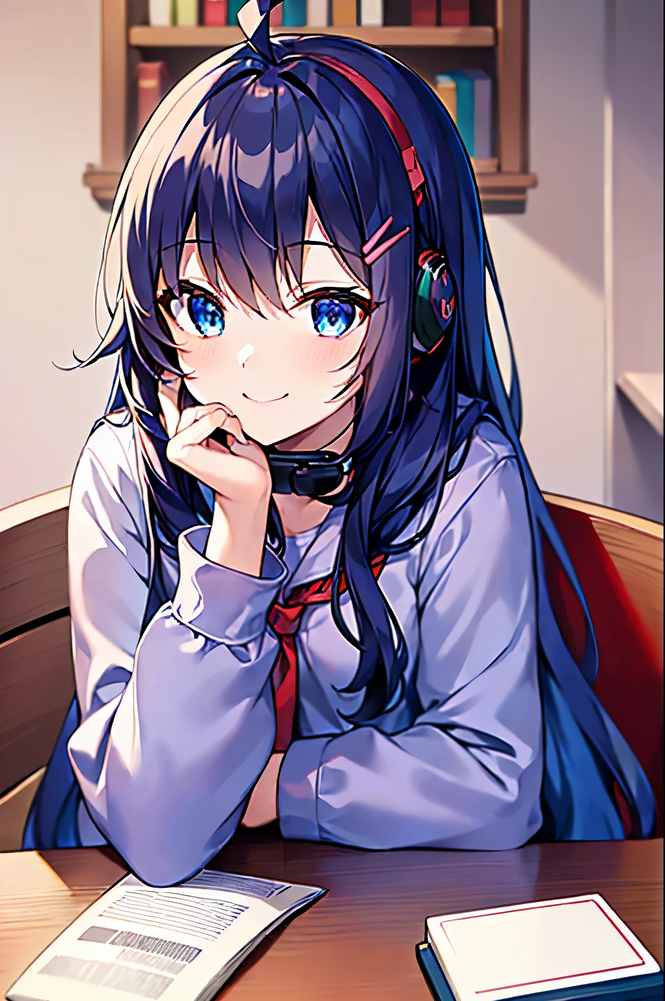 (((masterpiece))) (((highest quality))), (((beautiful))), (((8K))), (((High resolution))), (1 girl:1.3), (child:1.5), (:1.4), (Dark blue straight long hair:1.3), (very long, Dark blue sideburns), (Very wide parted dark blue bangs:1.3), (Simple hair clip:1.4), (Ahoge:1.4), (small blue eyes:1.2), (Slightly droopy eyes:1.3), (Super thick sideburns and super long sideburns:1.1), (Ultra-flat chest:1.4), (extremely small breasts:1.4), (smiling:1.3), (sitting in a chair), listen to music, (red headphones:1.2), black hoodie, inside the room, (Stand, coffee cup and book on the table:1.5), (flower pot:1.4), (looking away:1.3), (rest one's chin on one's chin:1.5)