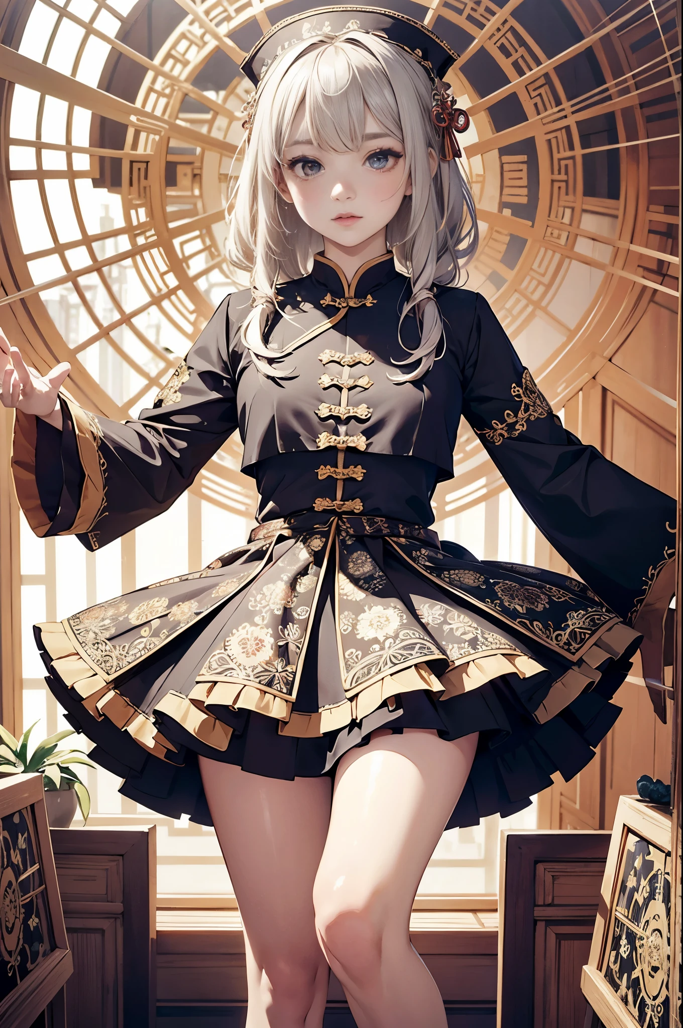 center, ((looking at camera: 1.5)), (near perfect: 1.4), dynamic, highly detailed, digital painting, concept art, smooth, sharp focus, illustration, art by Kahn Griffiths and Vadim Cassin. ((Chinese costume short skirt bellyband)), bold colors, abstract forms, expressiveness, emotion, official art, unified 8k wallpaper, ultra-detailed, beautiful and aesthetic, masterpiece, best quality, (mandala, tangled , entangled), (fractal art: 1.3), 1girl, pointed chin, big eyes, very detailed, (ruffle skirt), (medium bust: 1.3)