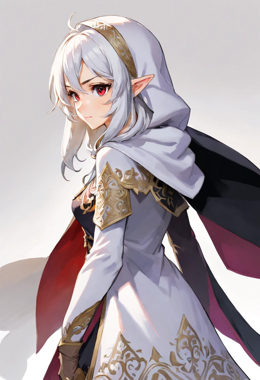 (masterpiece, best quality, ultra-detailed, highres, illustration:0.8), extremely detailed wallpaper, official art, amazing, high detail, ultra-detailed, extremely detailed 8k wallpaper,closed full body, bright silver hair, red eyes with slit pupils, (white background: 1.3), (1girl, solo),(black cloak),sexy,perfect anatomy,beautiful face, back figure, looking back,