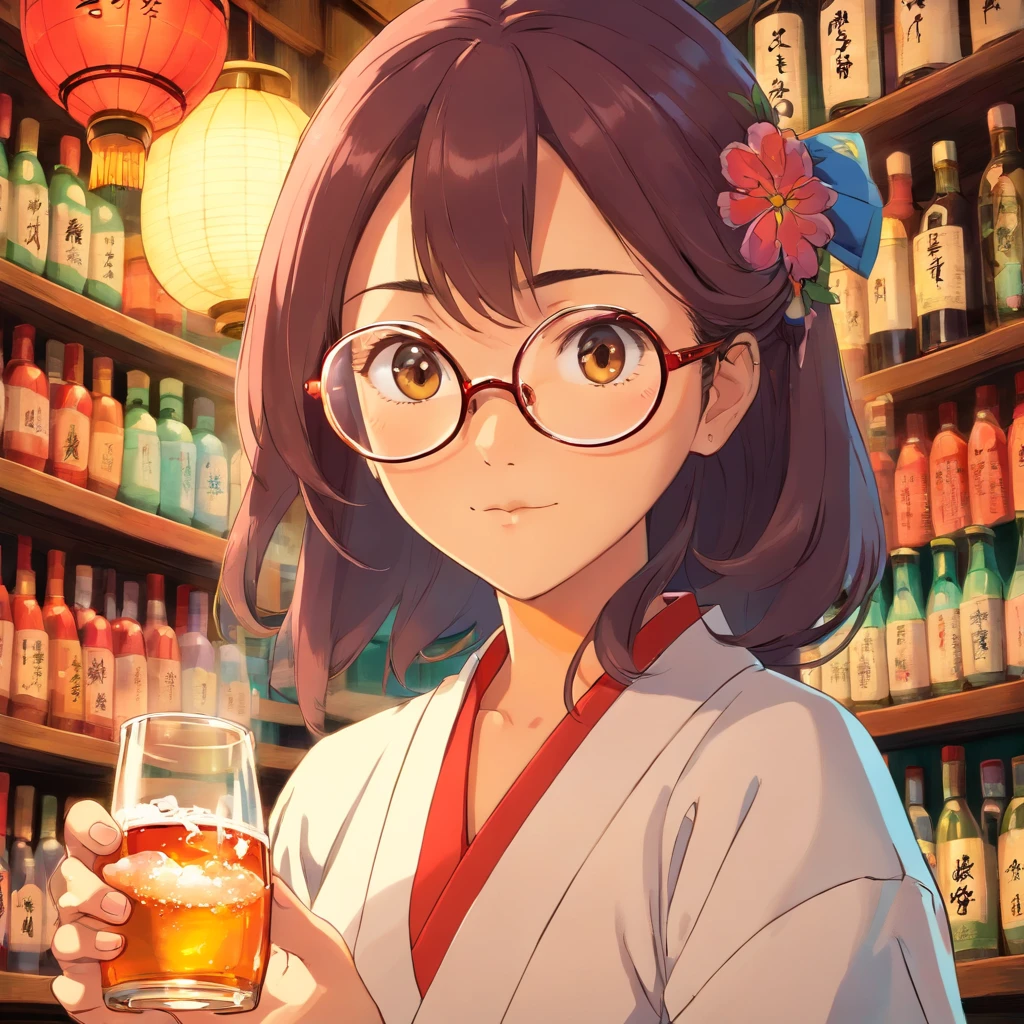 Japanese sake　woman　glasses
