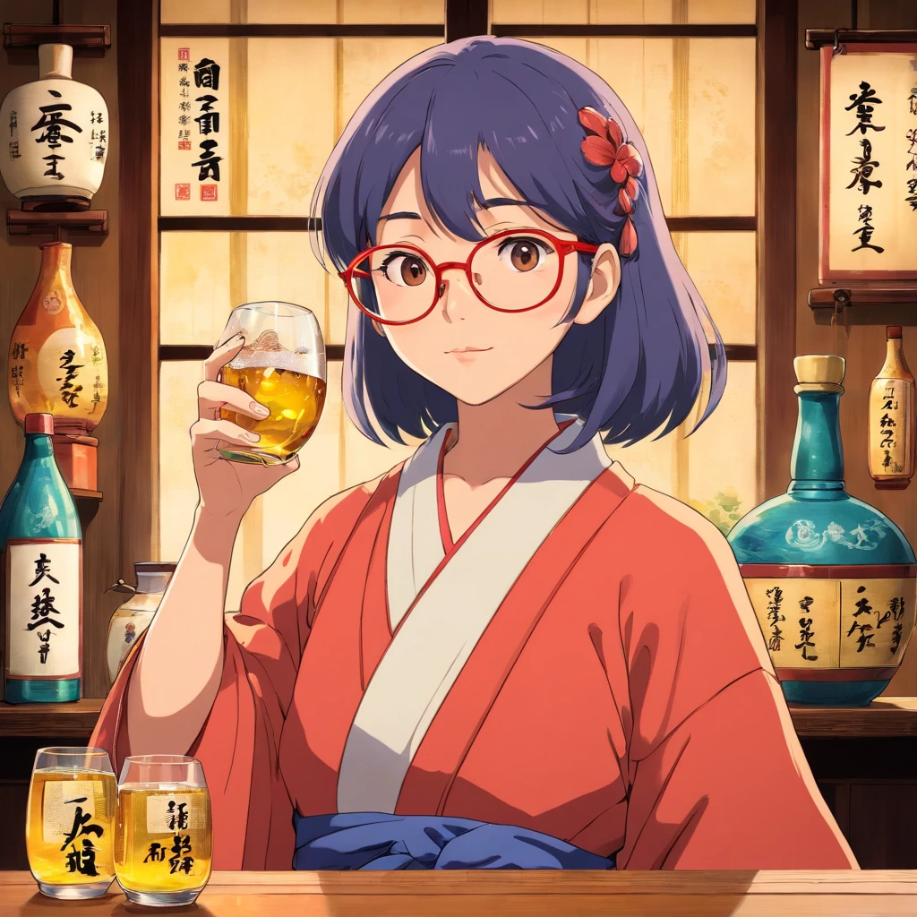 Japanese sake　woman　glasses