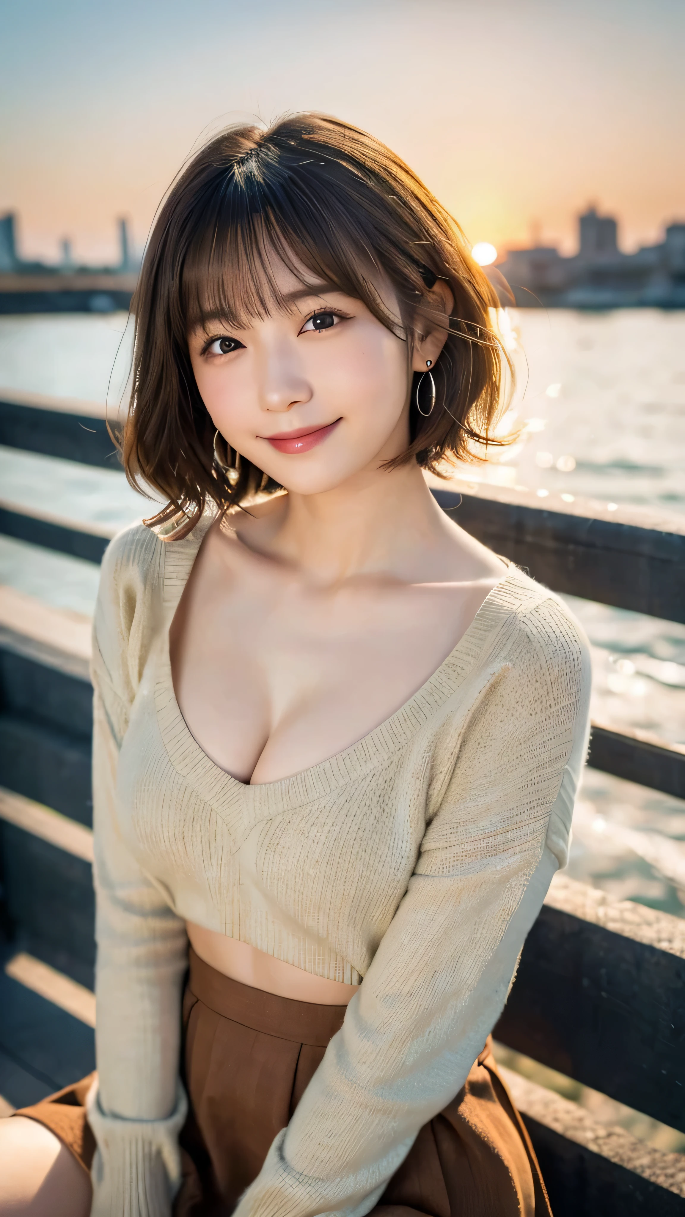 (highest quality,masterpiece:1.3,ultra high resolution),(Super detailed,caustics,8K),(realistic:1.4,RAW shooting),18-year-old,cute,Japanese,Short brown hair with outward curls,(Beige summer knitwear),(smile),look up at the camera、(Short brown skirt),blue sky,sun,Backlight,(coastline),(sunset、sunset:1.1),,(Photographed from the waist up),(face focus),(close up face),(High Situation:1.3),(high angle:1.3),Natural light 、Embarrassed smile、parted bangs、big breasts、With small earrings、silver necklace、((G cup、big breasts))、Embarrassed smile、((Camera angle is diagonal:1.2))、Today I came to the port town.、Head tilt gesture、beautiful clavicle、revealing clothing