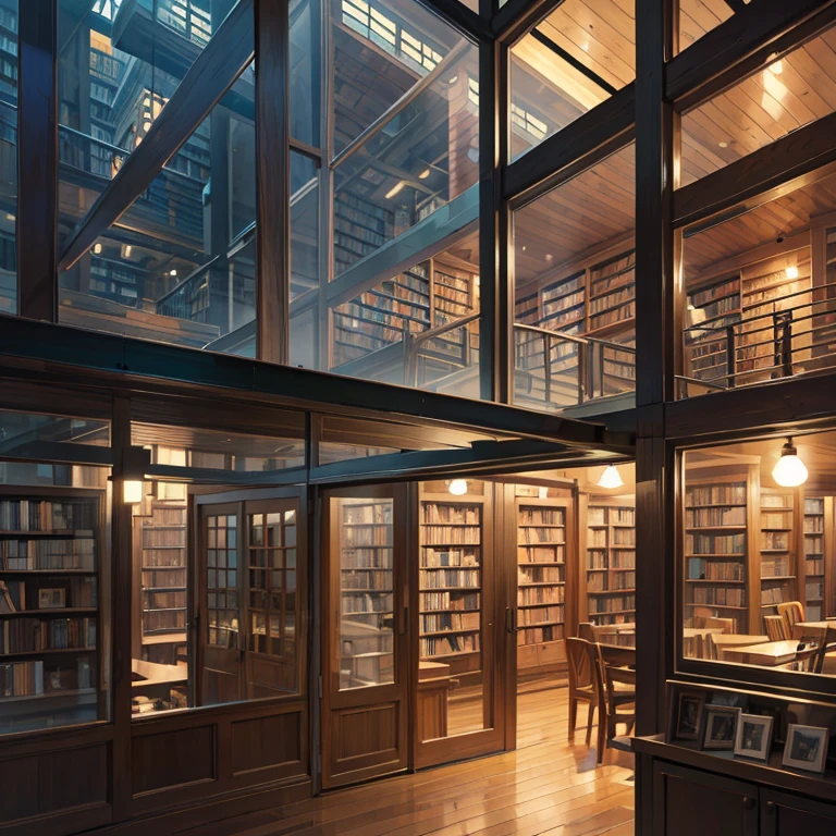 architecture, wood, library, Book, modern, indirect lighting, oak, night, glass, window
