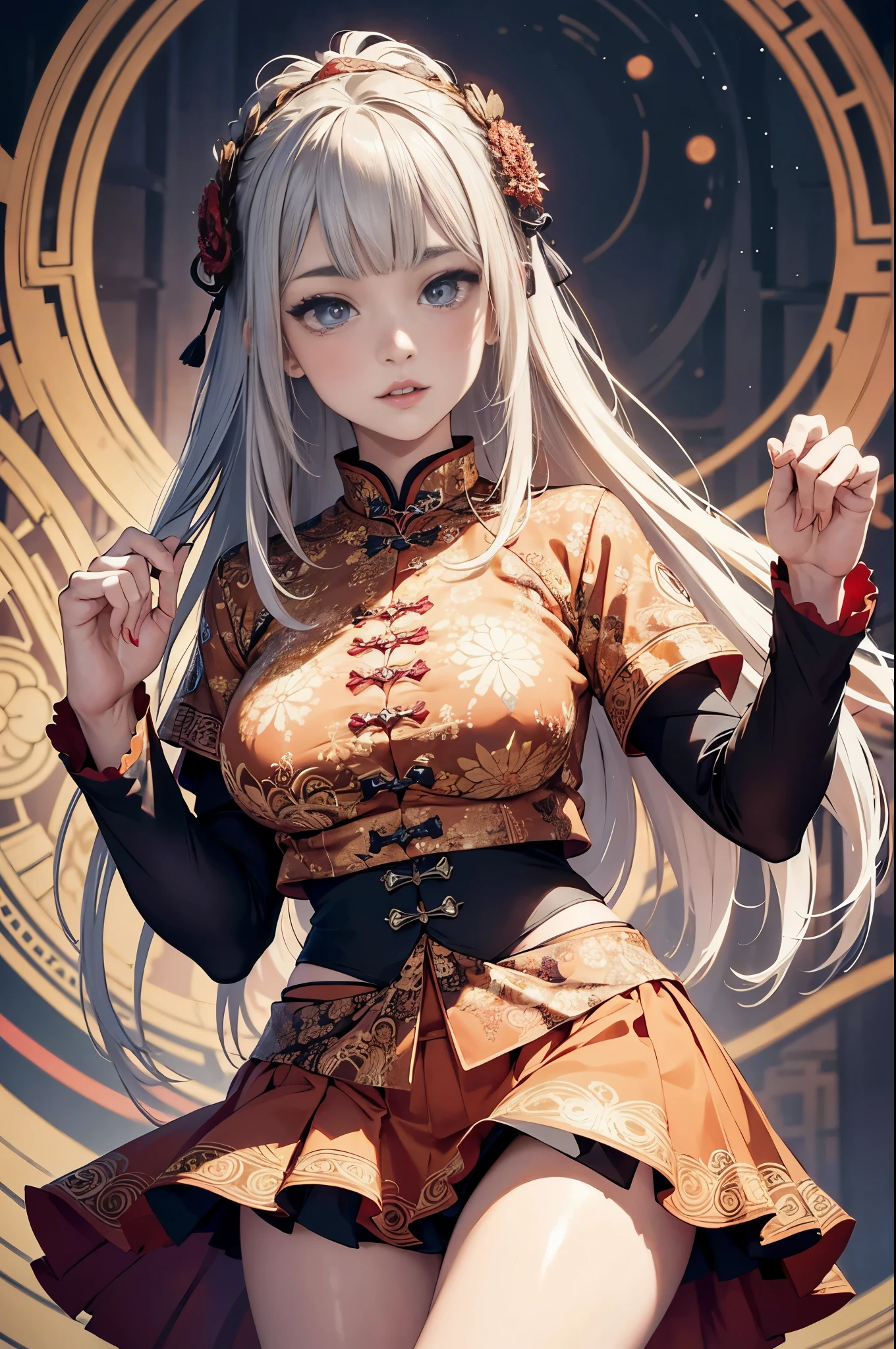 center, ((looking at camera: 1.5)), (near perfect: 1.4), dynamic, highly detailed, digital painting, concept art, smooth, sharp focus, illustration, art by Kahn Griffiths and Vadim Cassin. ((Chinese costume short skirt bellyband)), bold colors, abstract forms, expressiveness, emotion, official art, unified 8k wallpaper, ultra-detailed, beautiful and aesthetic, masterpiece, best quality, (mandala, tangled , entangled), (fractal art: 1.3), 1girl, pointed chin, big eyes, very detailed, (ruffle skirt), (medium bust: 1.3)