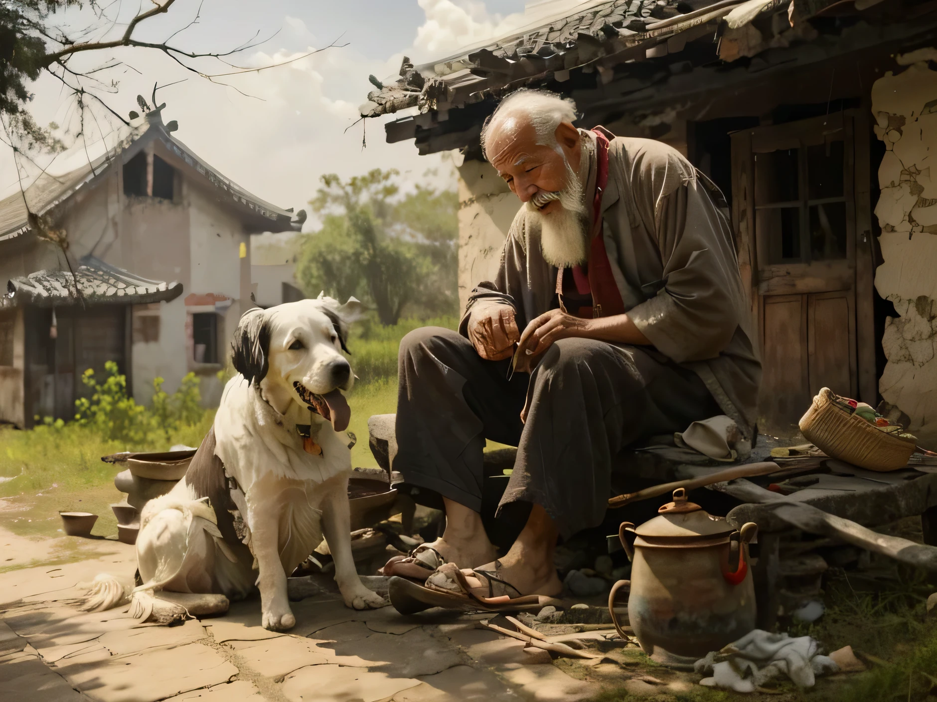 colored photography，Chinese Village，In front of dilapidated house，An old man sitting，white facial hair，shabby clothes，An old dog，prime time，Sunlight shining on the old man&#39;s face，HD photography，high resolution，8K