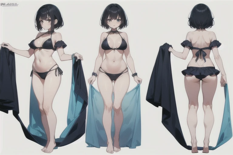 anime,masterpiece,Awards, high quality,High resolution,(HD,4K,8K:1.2),high quality,1girl, solo, standing, charturnerv2:0.5, full body character turnaround of 1lady, Multiple views of the same character in the same bikini, (simple background, white background:1.3), multiple views, (2views:1.5), side view, front view, character painting, two-dimensional culture, microbikini,short hair