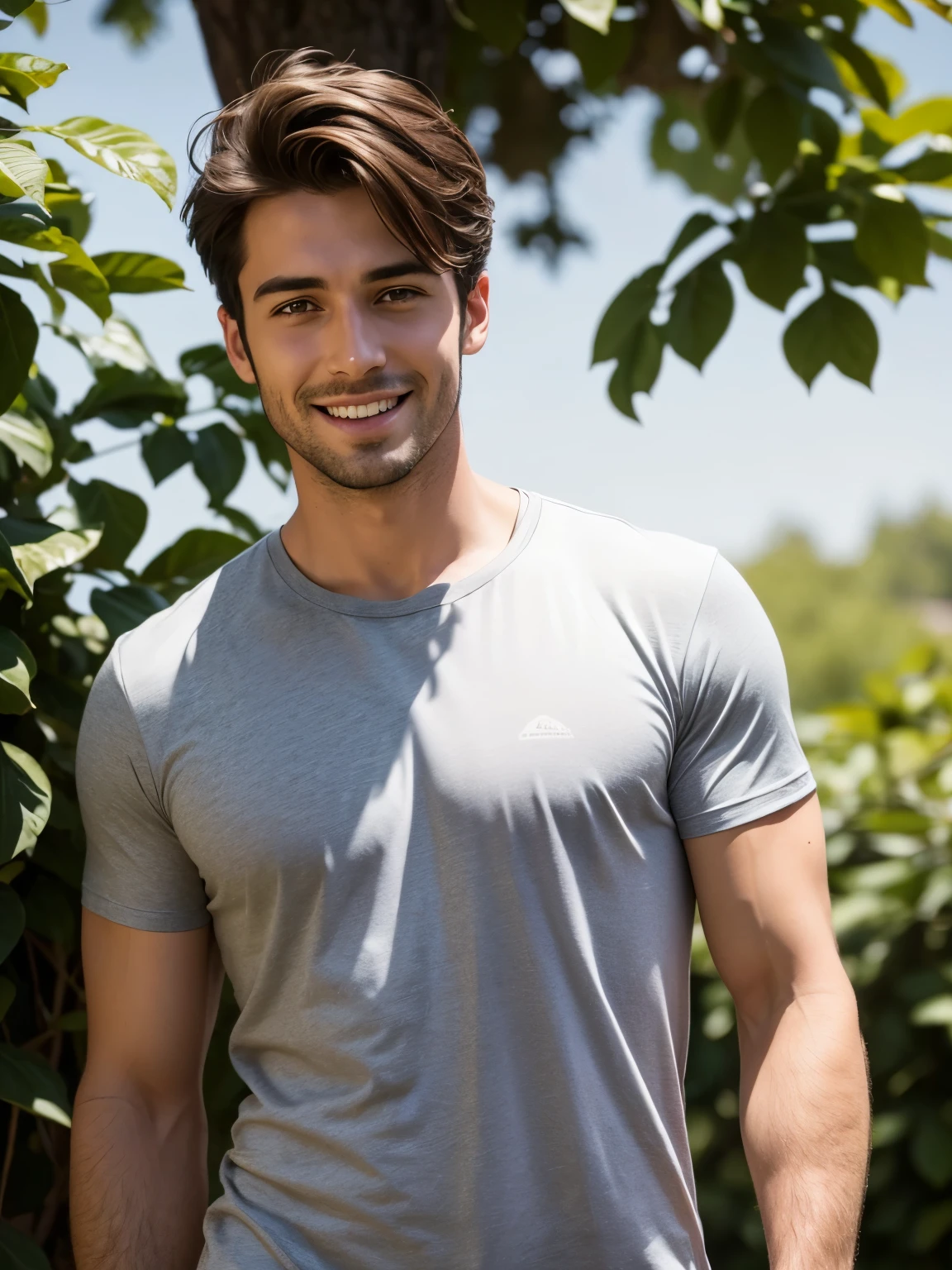 Realistic photo of a handsome 28 year old man with a round, cinematic face, sunny day, world, smiling, pleased, Smile on his face, medium length dark tousled hair, in a summer gray T-shirt, confident, arrogant, UHD, masterpiece, Anatomically correct, Super Detail, High detail, high quality, Best quality, full length photo, looking at the camera