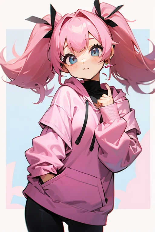 twin tails、cute、3×3、pink hair、Off-the-shoulder hoodie