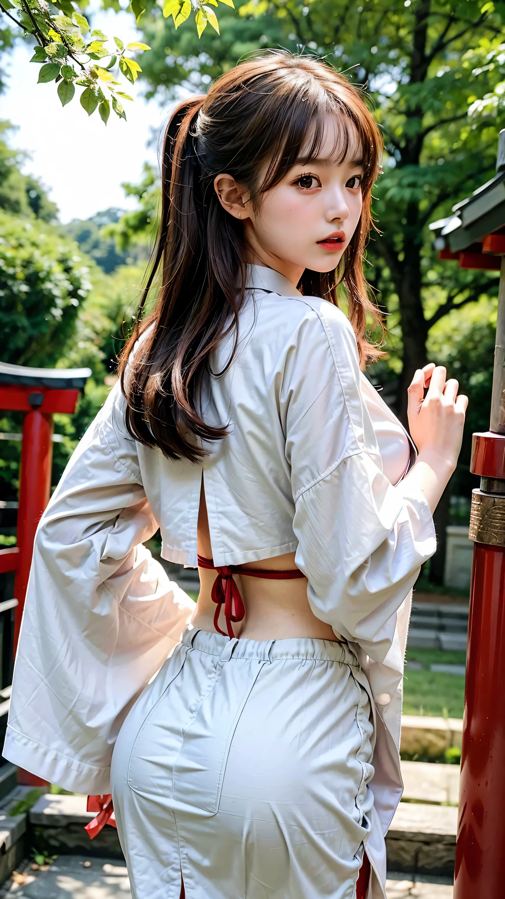 NSFW, best quality: 1.4, high resolution, perfect lighting, (1 girl), 20 years old, big butt sticking out, white upper body, lower body red hakama shrine maiden costume, shrine