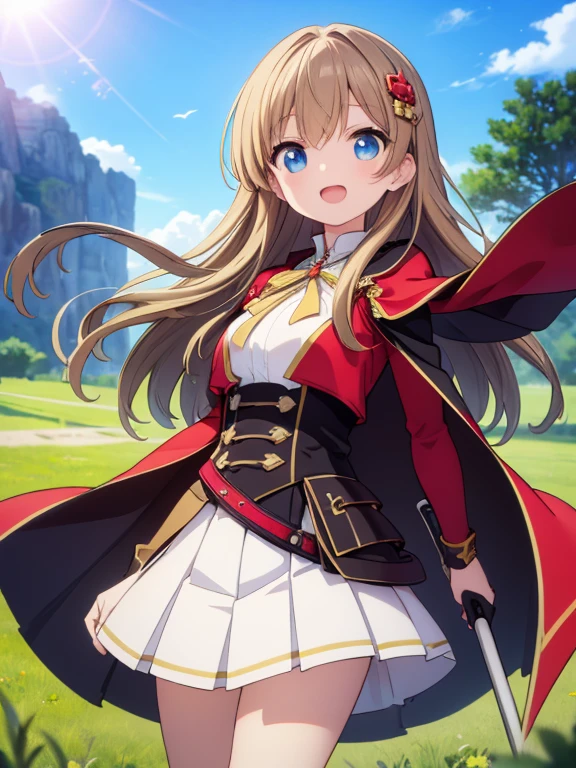 masterpiece, best quality, high resolution, (waist-cape armor pleated skirt), bangs, long hair, light brown hair, blue eyes, drooping eyes, big eyes, high school student, reaching out, laugh, grassland, lens flare, cowboy shot, hair ornaments