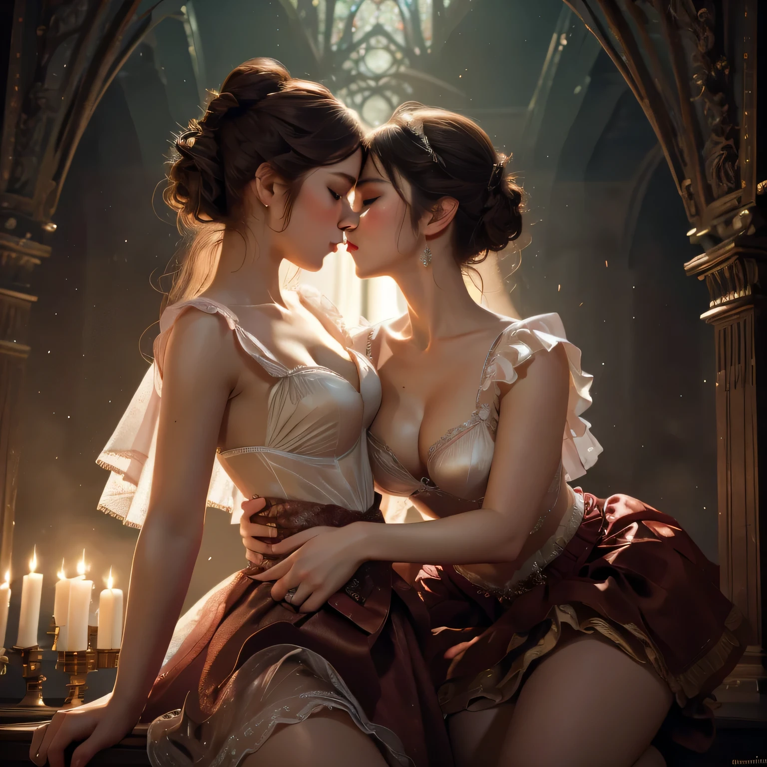 (best quality,4k,8k,highres,masterpiece:1.2),ultra-detailed,realistic:1.37,two girls kissing,long red sheer skirt,gr3ysh33r posing,beautiful detailed eyes,beautiful detailed lips,feminine and romantic atmosphere,gentle touch,soft lighting,vivid colors,romantic and intimate setting,subtle wind blowing the skirt,passionate expressions,delicate lace details,seductive and sensual embrace,dreamy and ethereal background,subdued tones,evoking love and desire,subtle blush on their cheeks,mystical and enchanting charm,whispering secrets,lost in the moment,artistic composition with dynamic angles,emotive and powerful connection,unforgettable and timeless scene,masterfully painted,impeccable attention to detail,magical and mesmerizing,artistic inspiration from Renaissance paintings,classic beauty with a modern twist,filled with love and longing,celebration of love's embrace.