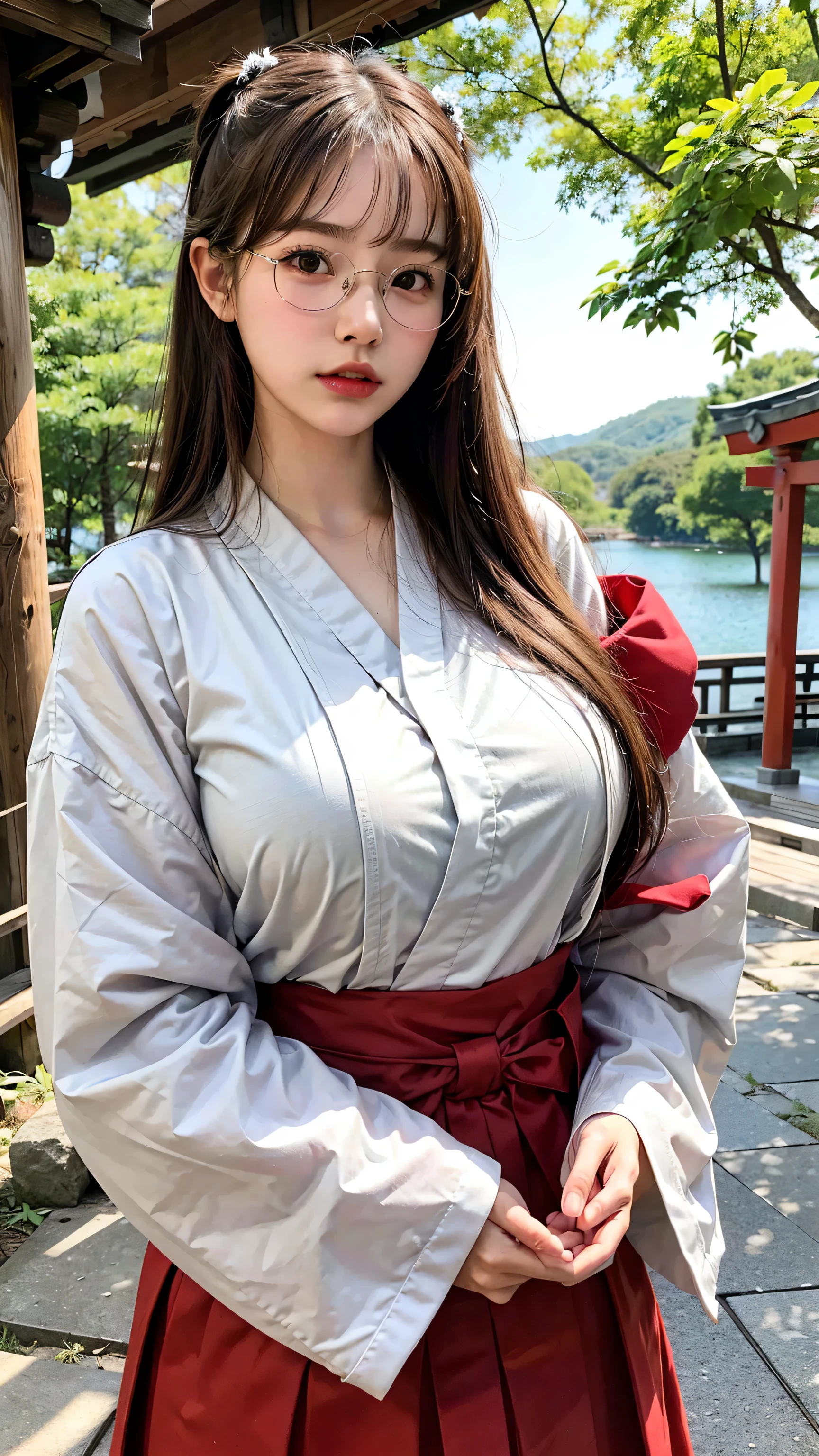 NSFW, best quality: 1.4, high resolution, perfect lighting, (1 girl), 20 years old, square frame glasses, big breasts, white upper body, lower body red hakama shrine maiden costume, shrine