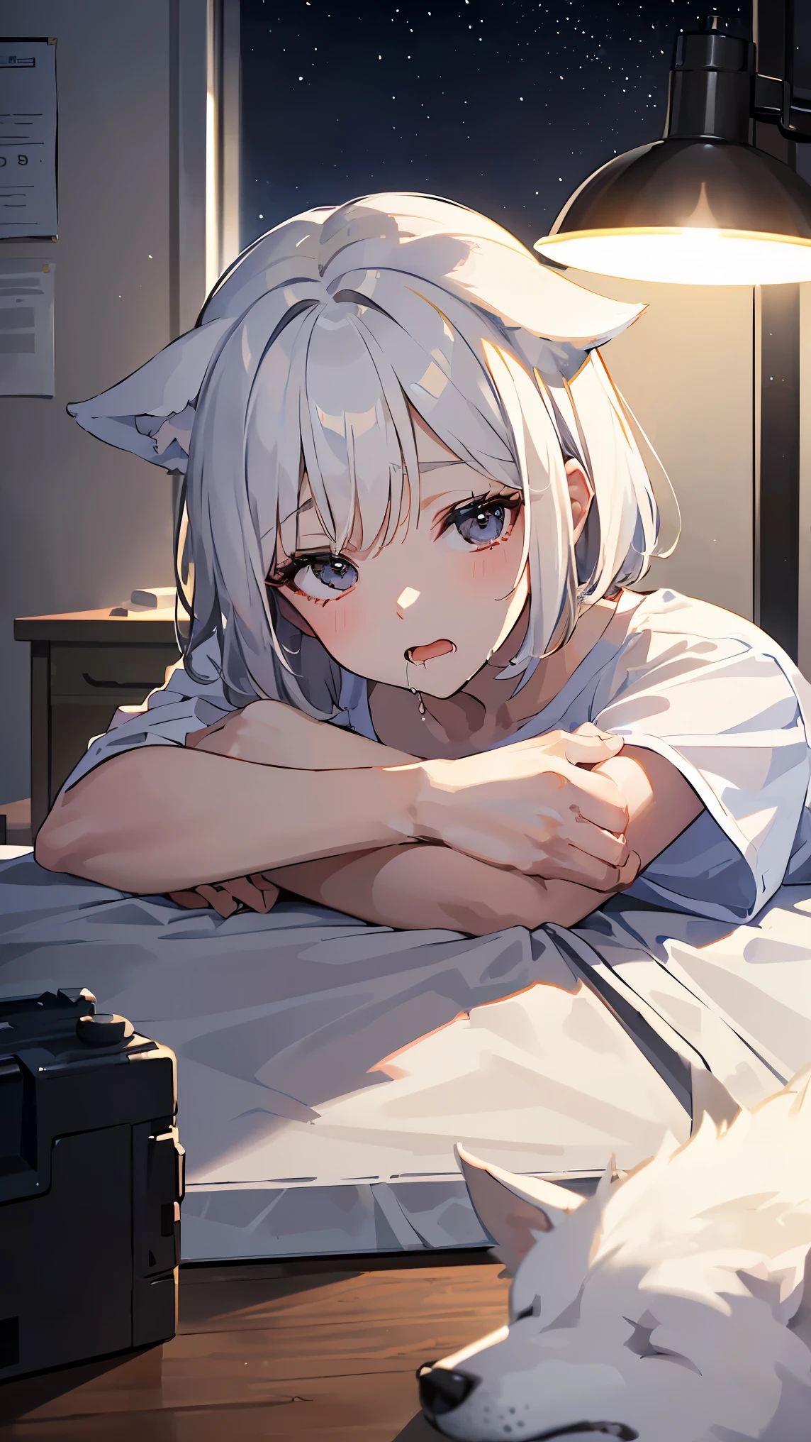 1girl, (sleeping, lay down on the table:1.1, very short hair:1.3, drooling:1.1), white hair, black eyes, dog ears, huge breast, wallpaper, landscape, depth of field, night, Laboratory Room, light particles, light rays, sidelighting, japanese , (bottomless:1.1, white loose T-shirt:1.3)