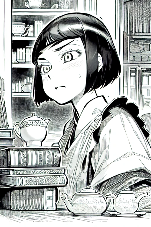 masterpiece, traditional maid, otoyomegatari, 1 girl, alone, grayscale, monochrome, halftone, drawing, manga,
european style, British style, eye focus, bob cut,  face focus, bust shot, Lots of bookshelves, study room, Tea cup, Front view, Liar,