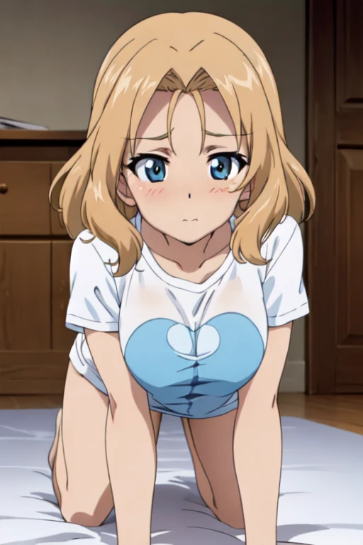 (anime cels style, masterpiece, best quality, high resolution, megami magazine, anime poster style, sharp, 8k), (beautiful eyes:1.2), kay_(girls_und_panzer), 1girl, blond hair, medium hair, blue eyes, blush, (natural large breast), (lose shirt:1.5), (doggystyle:1.5), (all fours, front viewer:1.5), bed, (perfect detailed anatomy, beautiful face, perfect body, perfect arms, shiny skin),