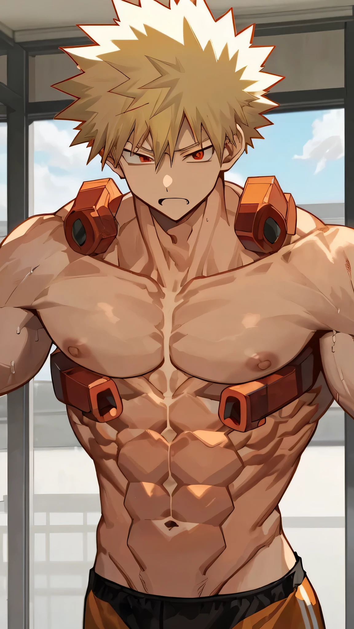Katsuki Bakugou shirtless
Yellow hair red eyes
Muscular, 6 pack abs, strong chest, arms
In gym