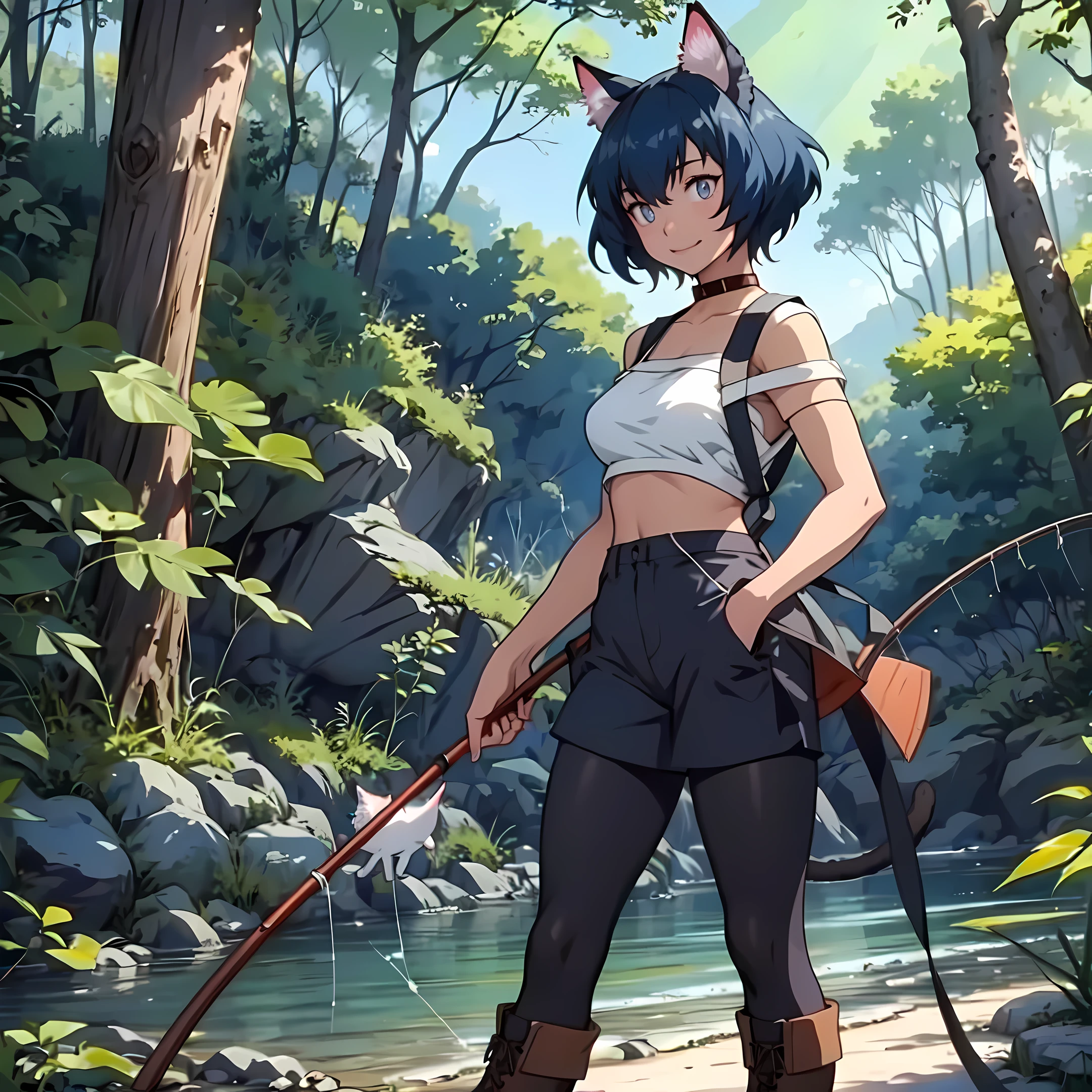 Anime, miria, cat ears, (cat tail), fishing, chaos, holding (fishing rod) in hand, masterpiece ,pantyhose, medium breasts, boots, long pants, smile,standing, forest, blue hair, short hair