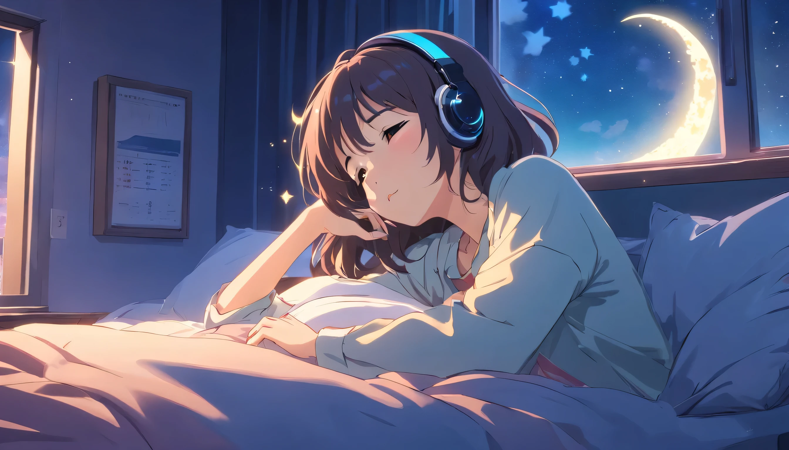 (masterpiece) a girl (woman) sleeping in bed, on her bed, wearing headphones,  Window showing moon and stars, calm, peaceful, thinking, ish, color grading, Nice color coding,