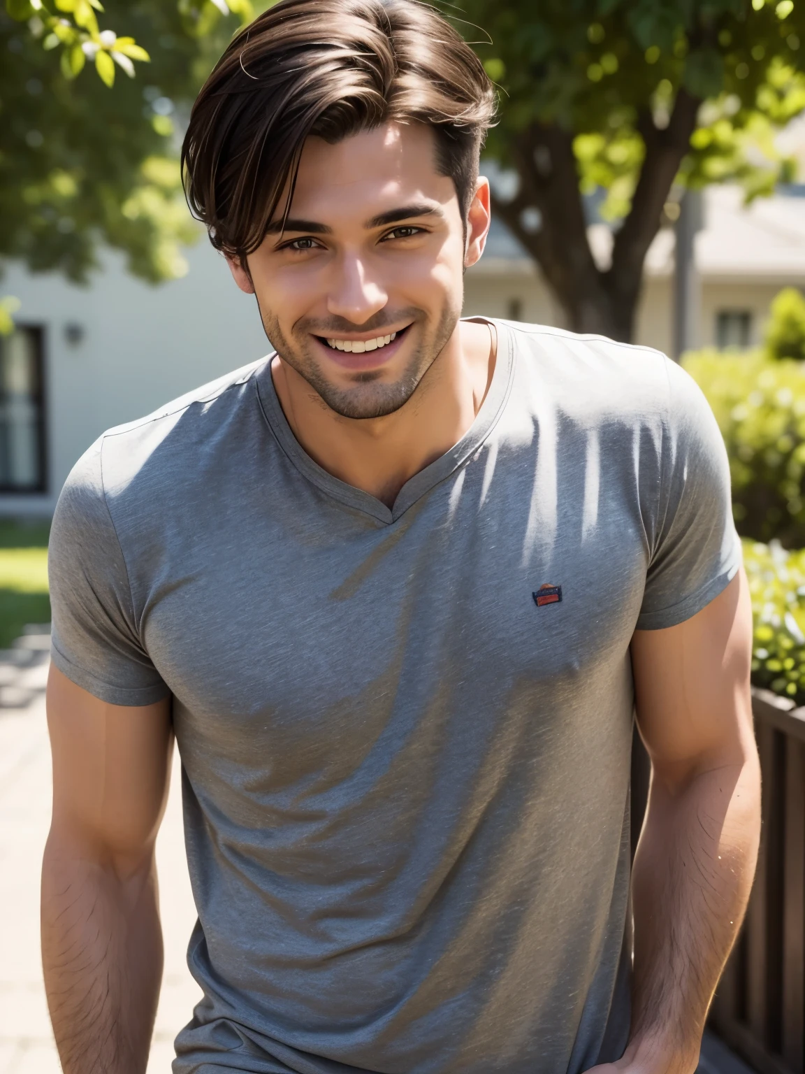 Realistic photo of a handsome 28-year-old man with a round, cinematic-looking face, sunny day, light, smiling, pleased, smile on his face, medium length dark tousled hair, in summer grey T-shirt, confident, arrogant, UHD, masterpiece, anatomically correct, super detail, high details, high quality, best quality, full-length photo, looking at the camera