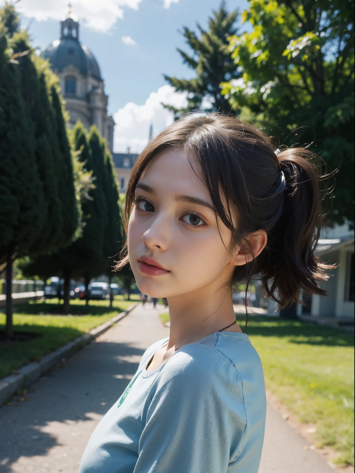 Photo realism, portrait complet d&#39;une adolescente timide, yeux verts, expression innocente, Detailed face, ((gros cul:1.2)), (petit corps),  poitrine, shapewear, (leggings beiges),((side view)),pique,lignes de peau, contraste, texture, realism, rendu de high quality, stunning art, high quality, Incredibly detailed, Fujifilm XT3, pluie en arrière plan, 8K