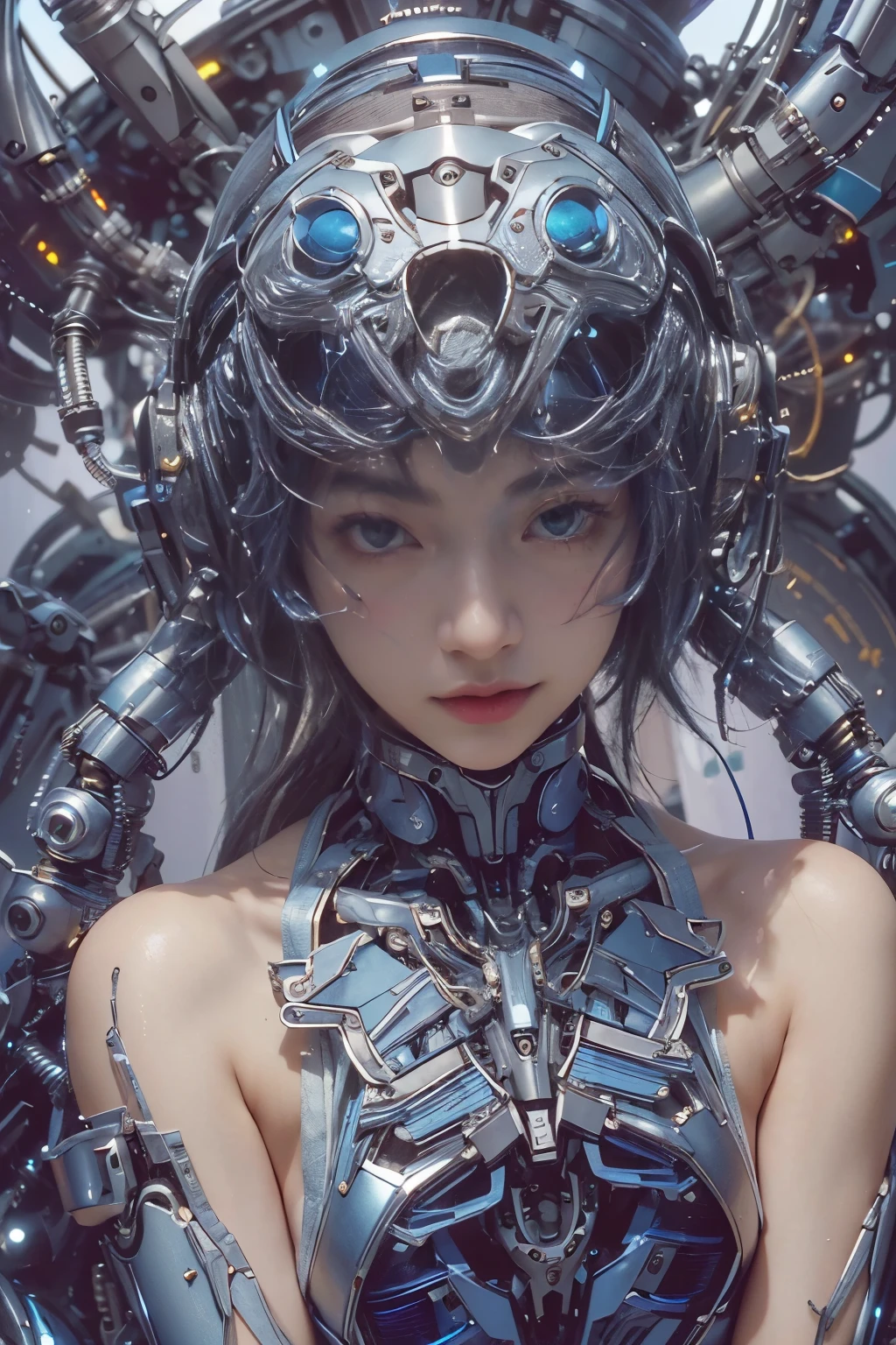 (masterpiece, best quality:1.2), (8k uhd, 16k, 32k, ultra high res), (photorealistic:1.37), (RAW photo), ultimate-realistic, ultimate-realistic details, ultimate-realistic texture, ultimate-intricate details, ultimate-realistic lighting, ultimate-realistic shadow, japanese girl, ultimate-cute face, ultimate-RAW skin, ultimate-realistic eyes, cyborgized Japanese woman, extremely ultra cute face, , skinny body, flat chest, (blue metallic mechanical frame:1.5), (Power cables connected throughout the body), detaile up, Instead of hair, there are cables growing out of it, mechanical fusion, mechanical skeleton, bio mechanics, mechanical life-form, highly intricate detail, extremely ultra real texture, human-like skin, realistic hair, ultra realistic details, professional lighting, (realistic:1.4), (RAW photo:1.2), (photorealistic:1.5)