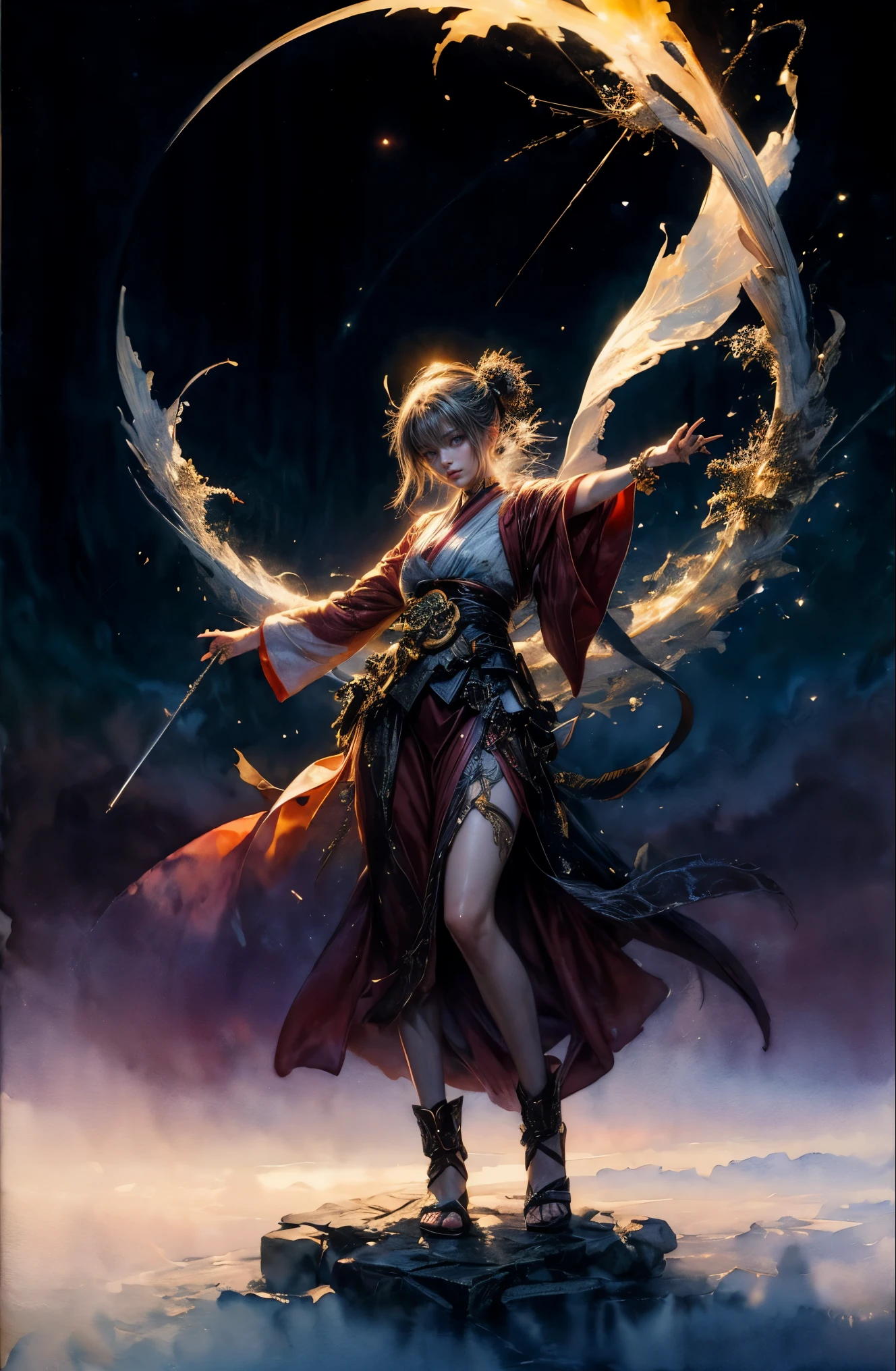 (table top, highest qualityの, highest quality, official art, (beautiful and aesthetic:1.4), (watercolor painting:1.4) ), (Tsukuyomi:1.5), God of Japanese God Stories々々, fleeting beauty, God's secret existence illuminated by the starry sky, god'grace, Calm and meditative look, flowing heavenly clothes, A dazzling silver glow illuminates the night view, Dance of shadows and lights, whispers of ancient legends