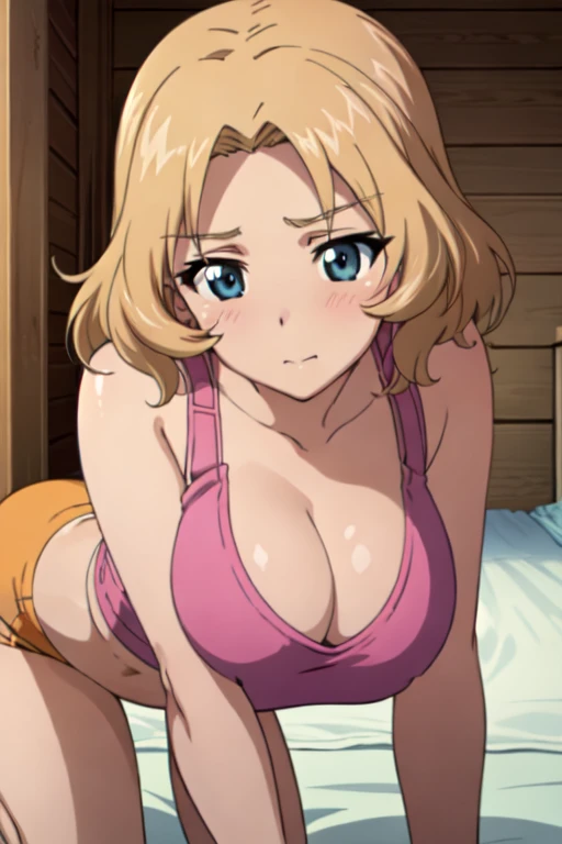 (anime cels style, masterpiece, best quality, high resolution, megami magazine, anime poster style, sharp, 8k), (beautiful eyes:1.2), kay_(girls_und_panzer), 1girl, blond hair, medium hair, blue eyes, blush, (natural large breast), (lose sportbra:1.5), (doggystyle:1.5), (all fours, front viewer:1.5), bed, (perfect detailed anatomy, beautiful face, perfect body, perfect arms, shiny skin),